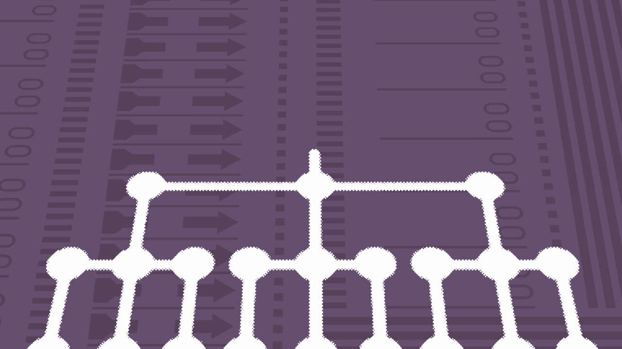 Animated illustration of a location pin at the top of an org chart over a purple background, which spins to reveal a checkmark.