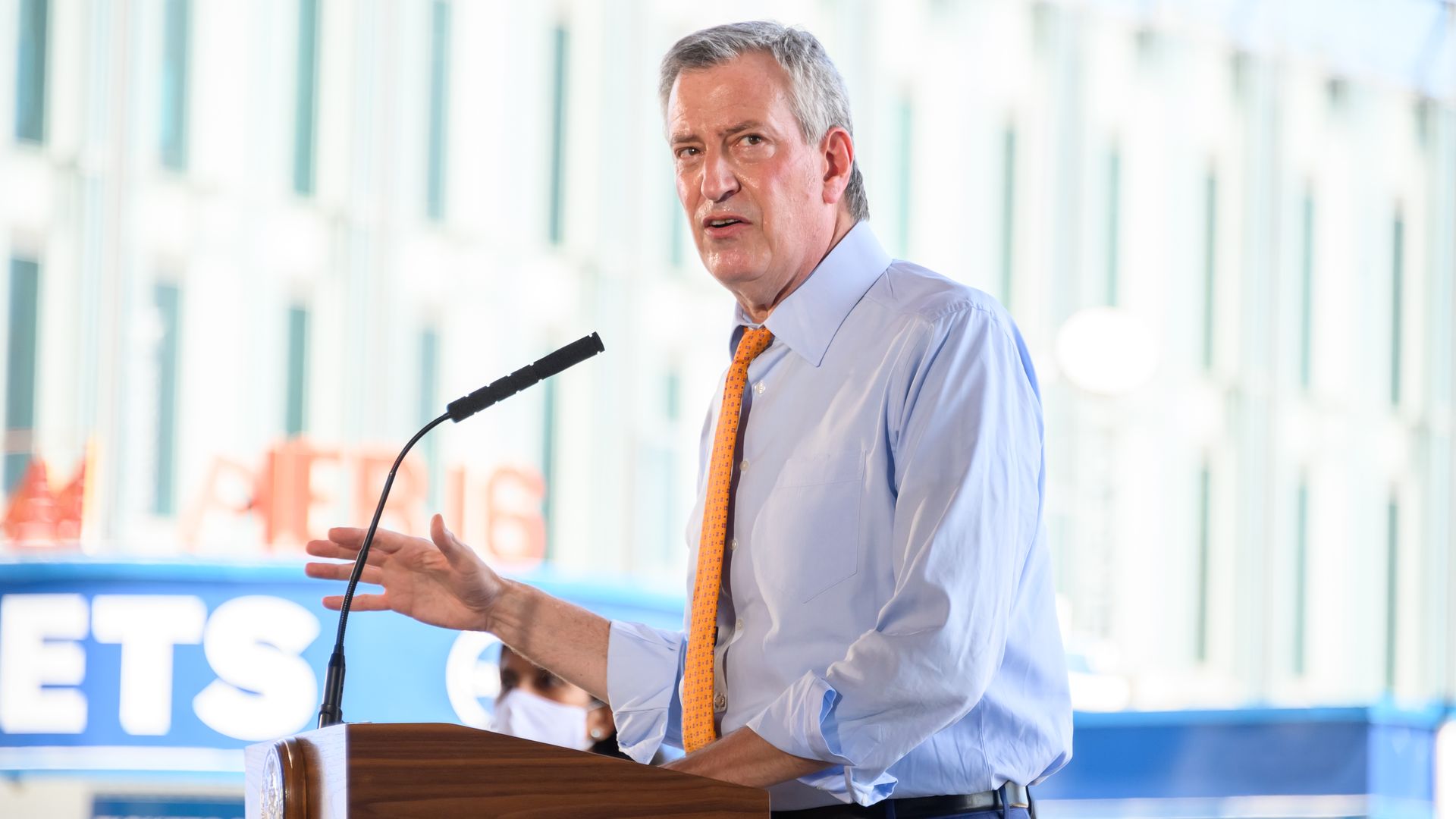 New York City Mayor Bill de Blasio speaking in the city in August.