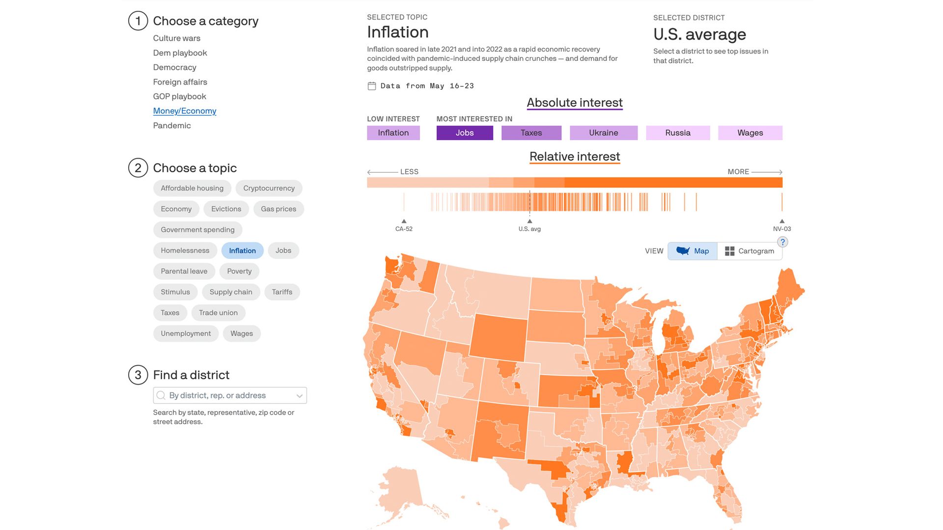 An interactive dashboard that has a choropleth map of U.S. congressional districts' interest in various topics.