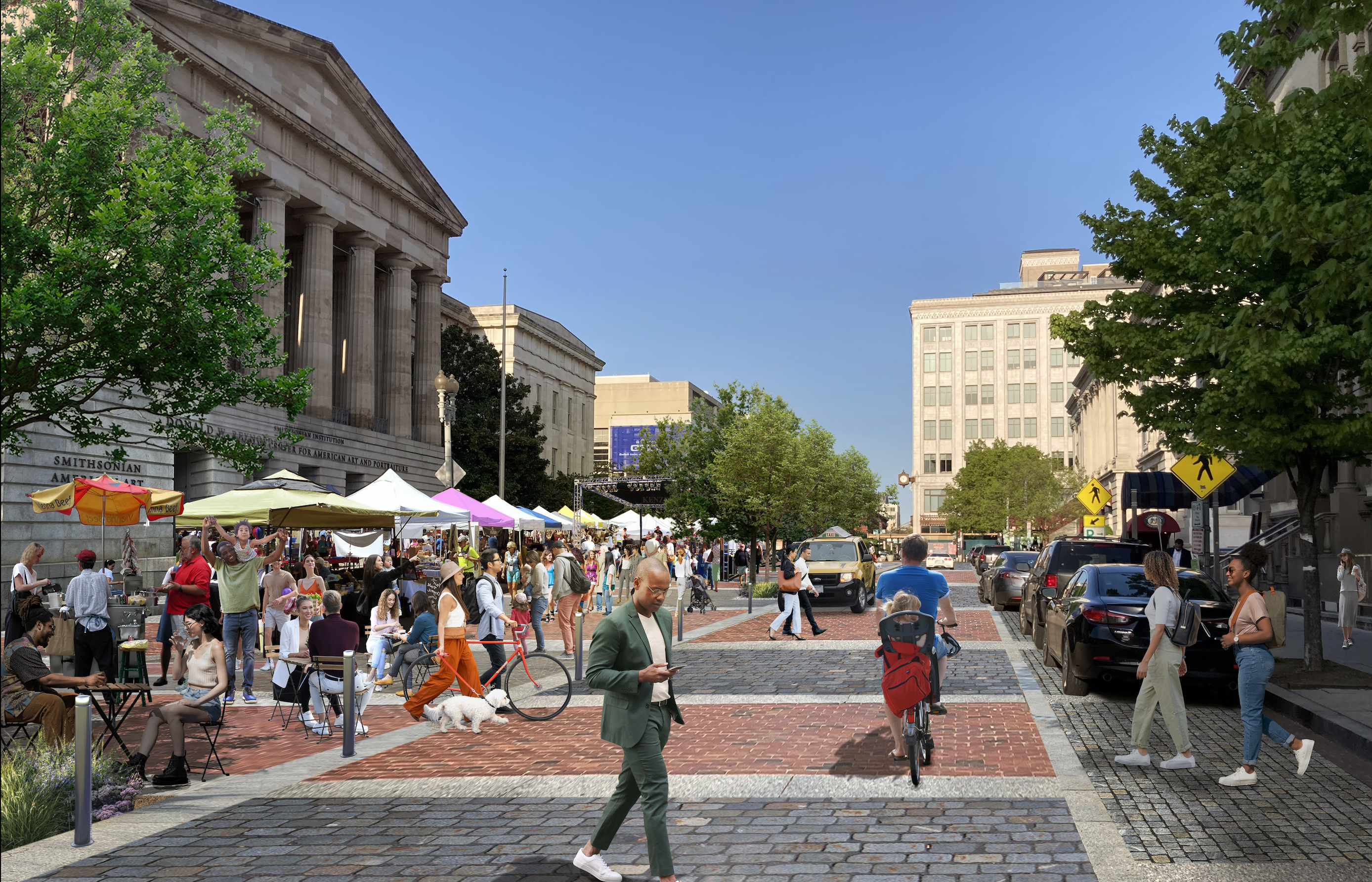 F Street rendering is shown with a wider sidewalk and plaza and mixed biker-pedestrian-motorist roadway