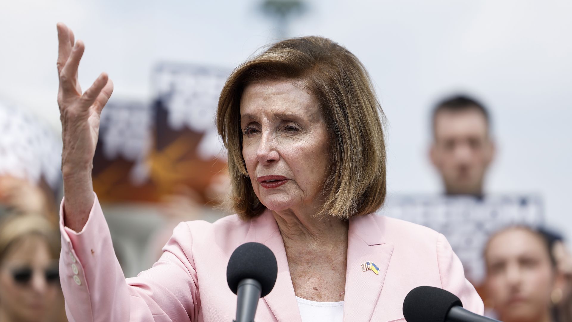 Rep. Nancy Pelosi (D-CA) speaks at a press conference on the reintroduction of the Freedom to Vote Act, outside the U.S. Capitol Building on July 20, 2023 in Washington, DC.