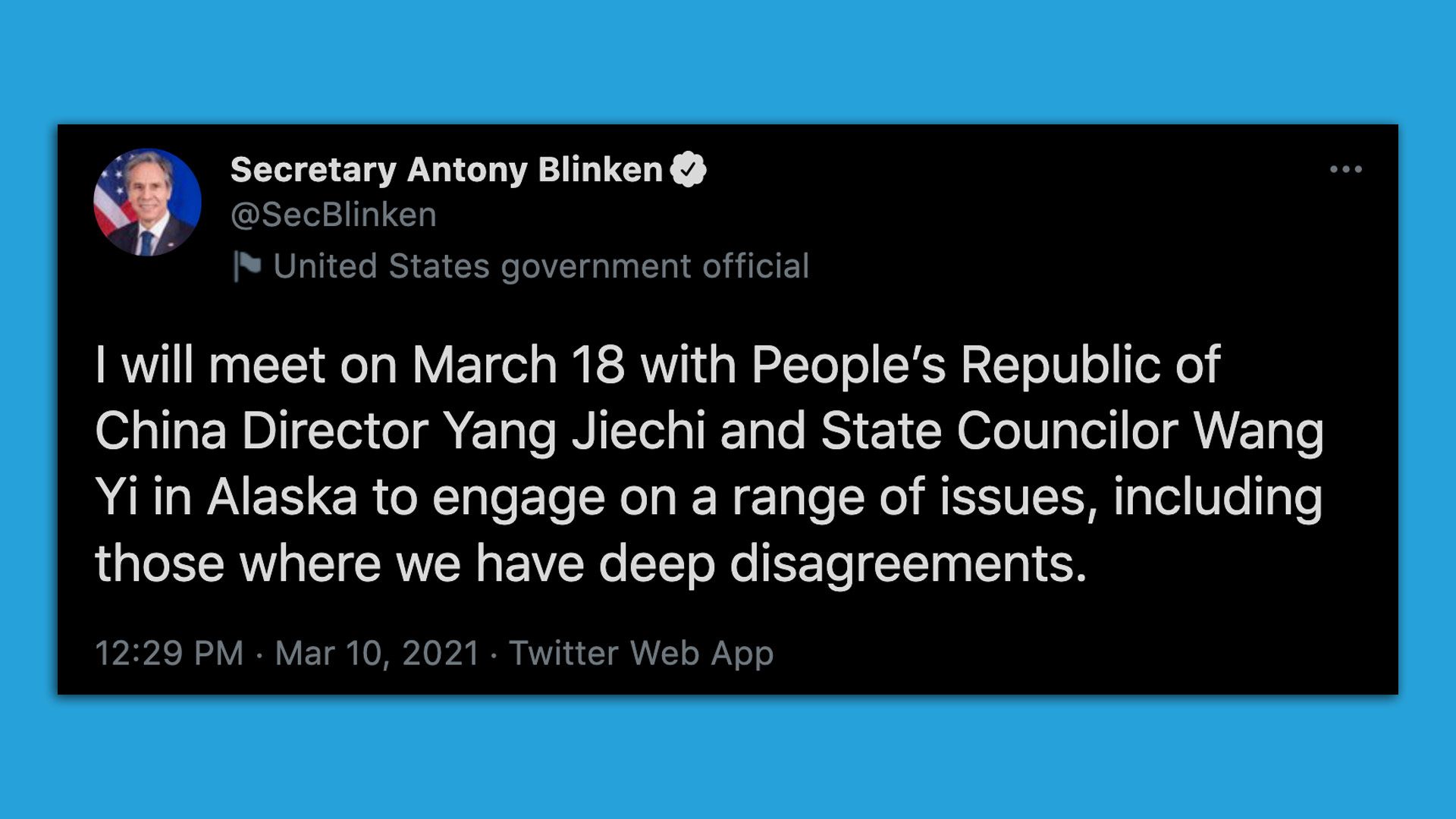 A screenshot shows a tweet from Secretary of State Tony Blinken announcing a meeting with China officials next week.