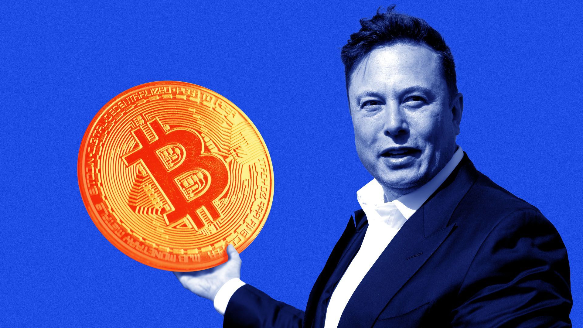 Photo illustration of Elon Musk holding a giant bitcoin