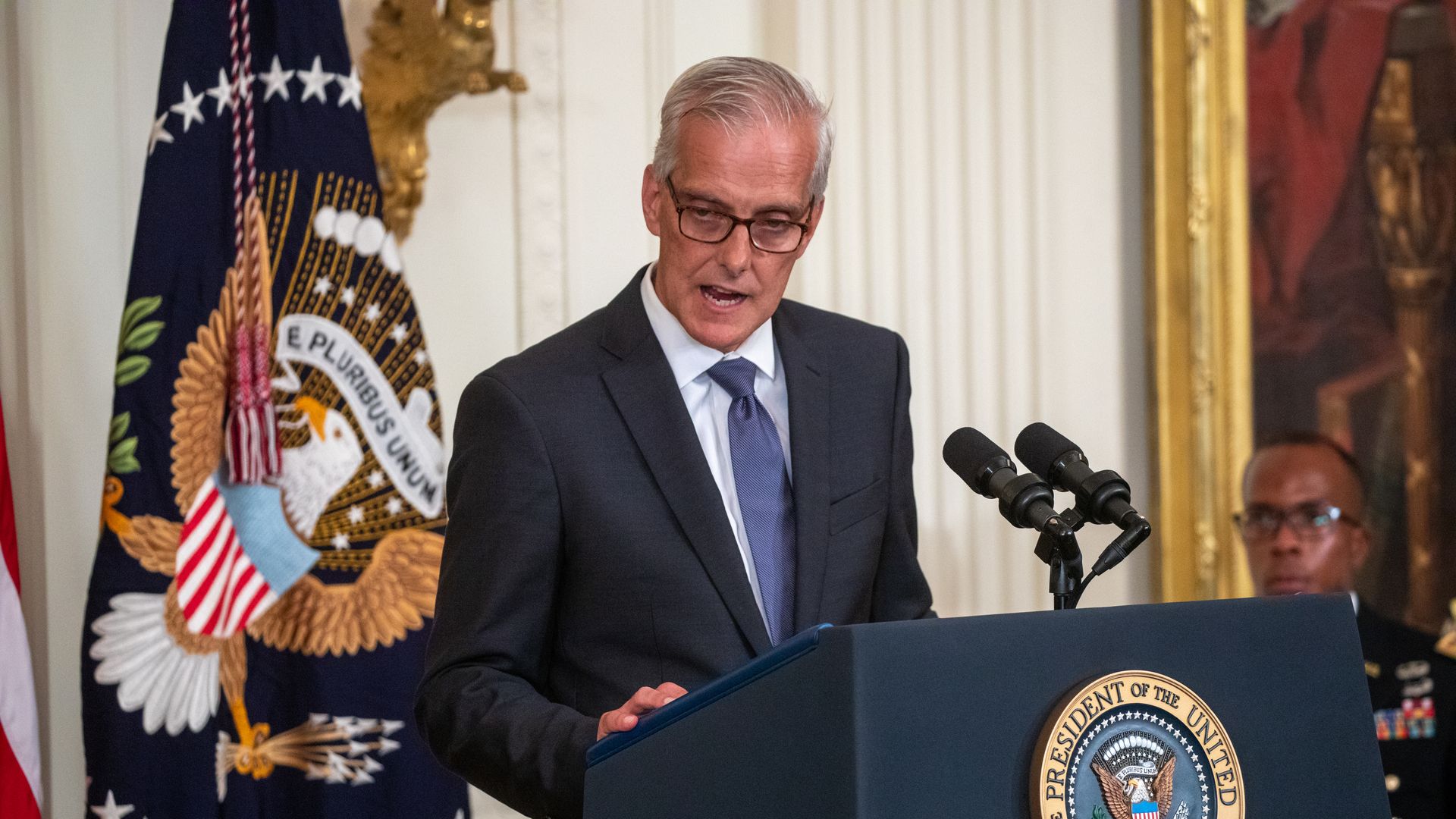 Secretary of Veterans Affairs Denis McDonough delivers a speech.