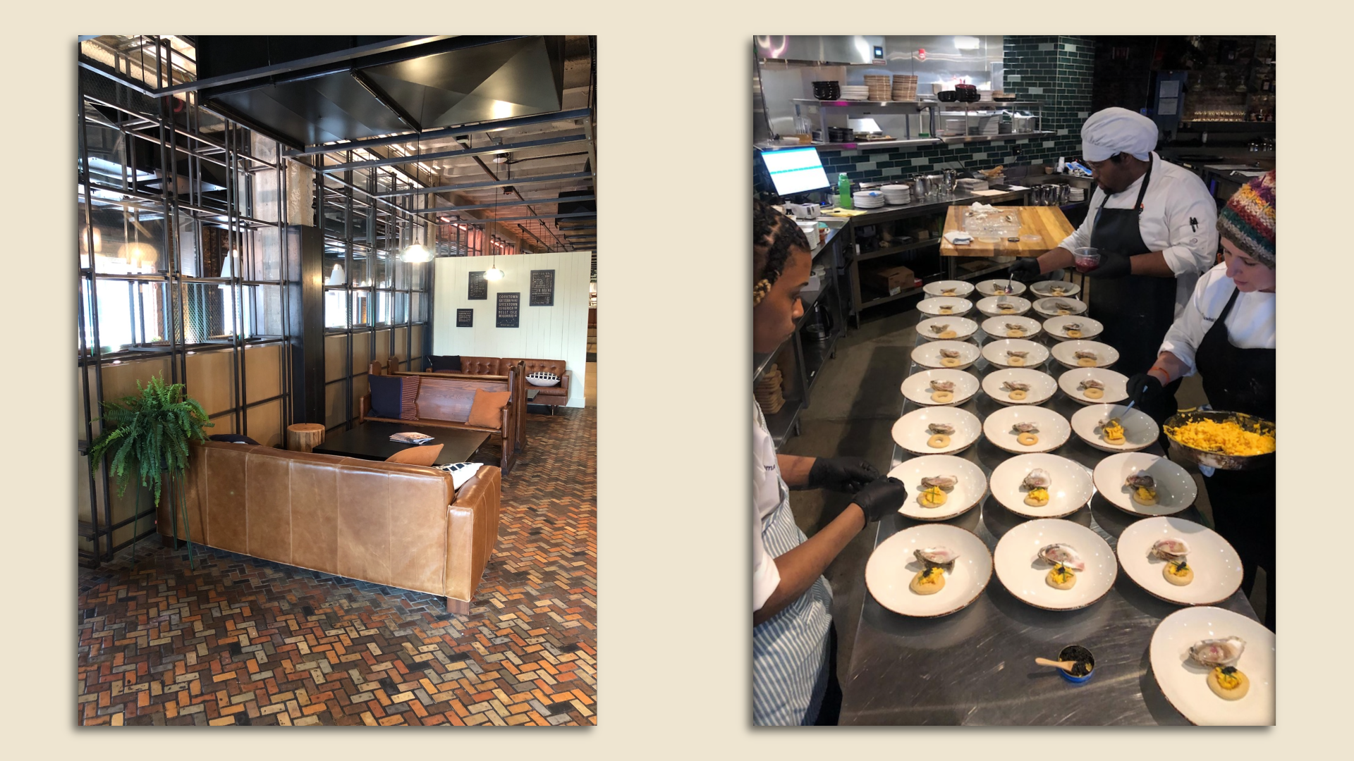 The interior of Epiphany Nain Rouge Kitchen at 644 Selden St., and dishes being plated.