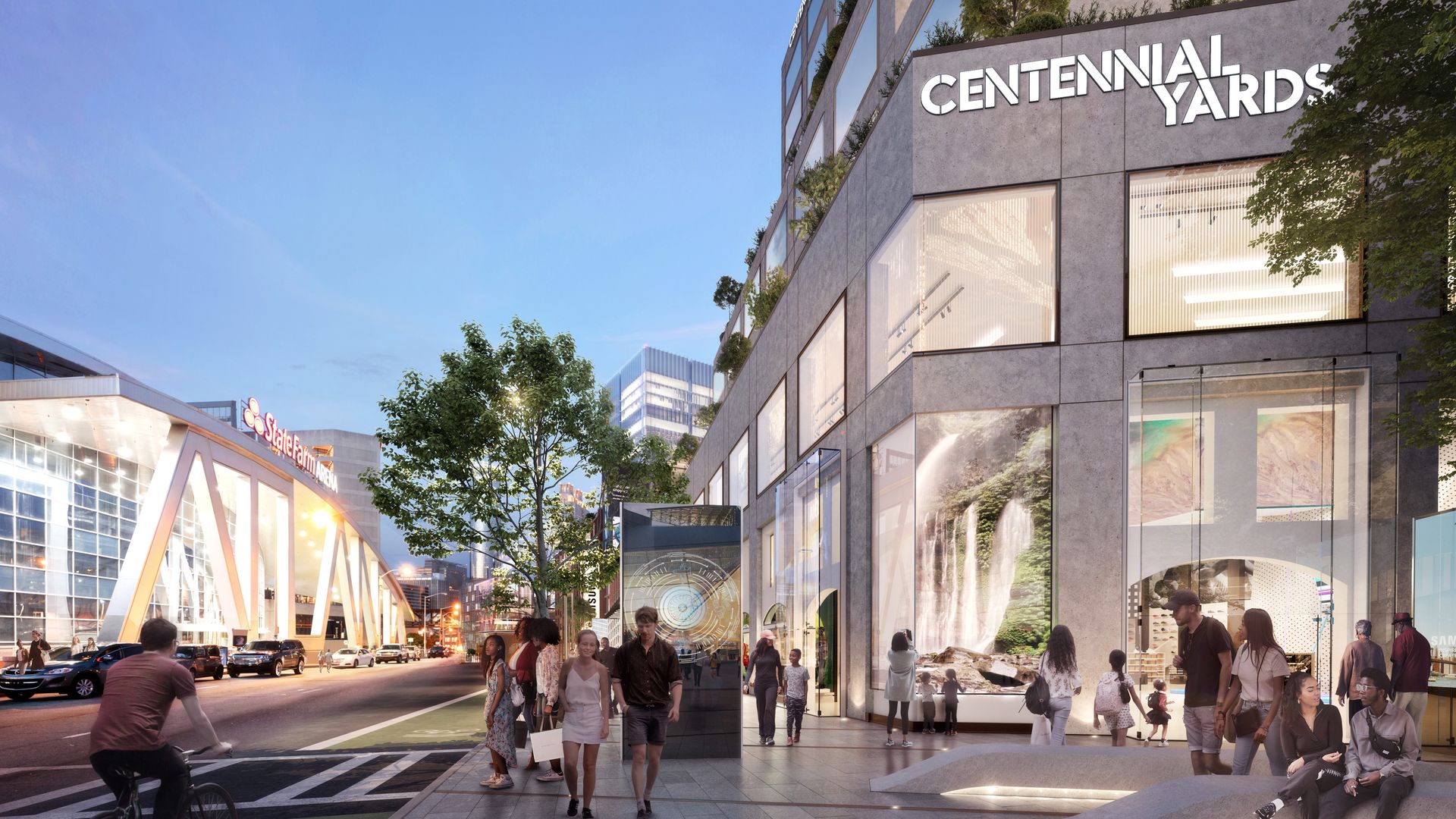 A rendering showing people biking and walking in the early at a proposed mixed-use development near State Farm Arena