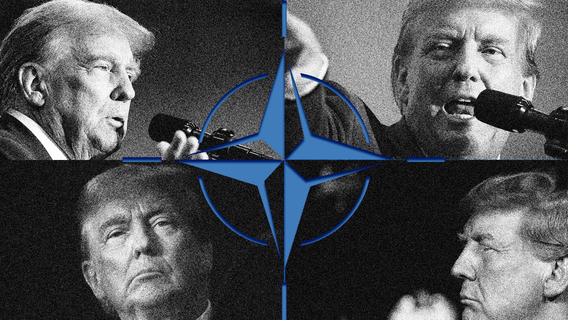 Photo illustration of four images of Trump delivering a speech divided by the NATO logo.