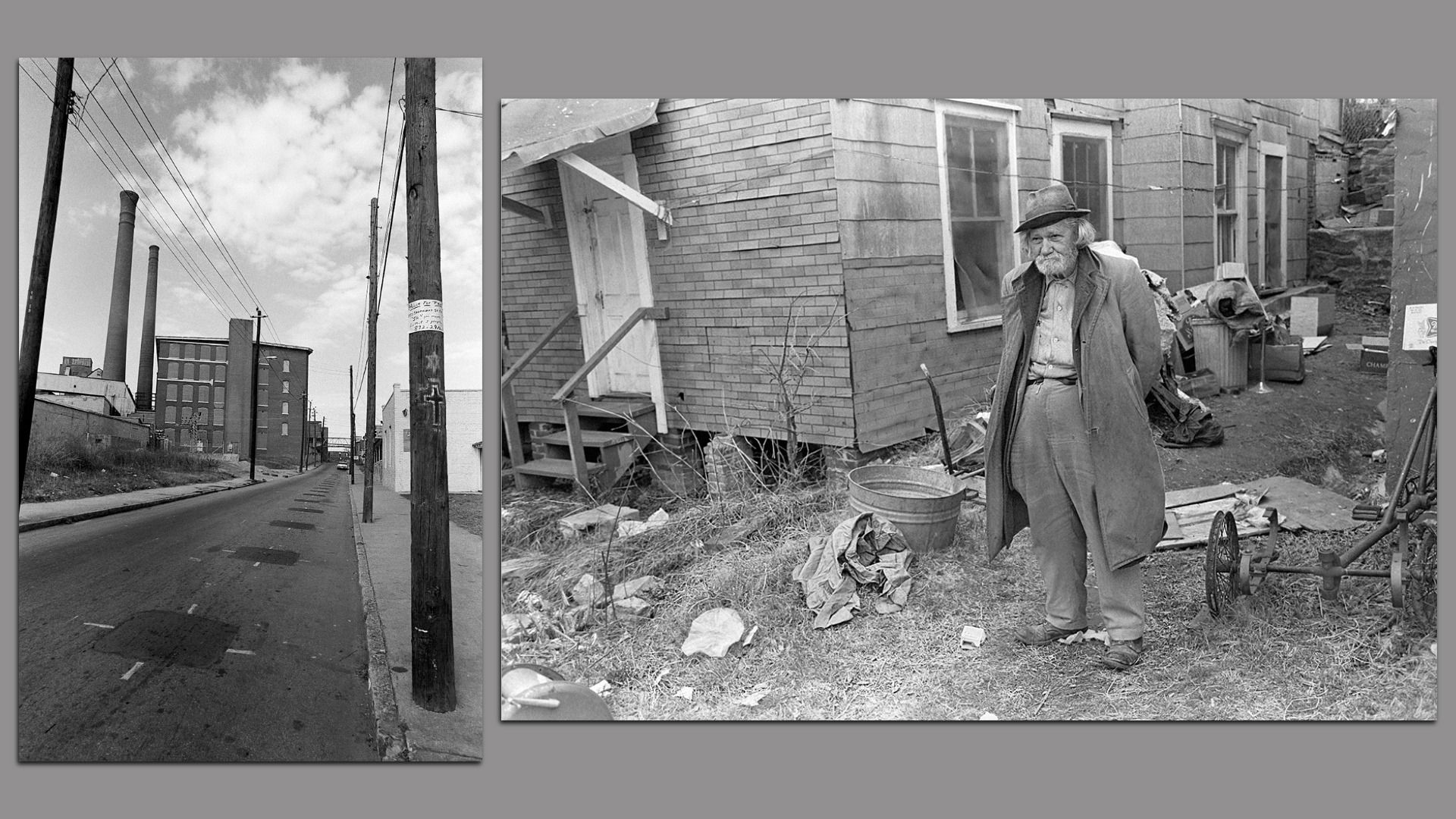 Two black-and-white photos: left shows a factory street with tall chimneys and power lines; right shows an elderly man in a coat and hat standing amid junk beside a dilapidated house.
