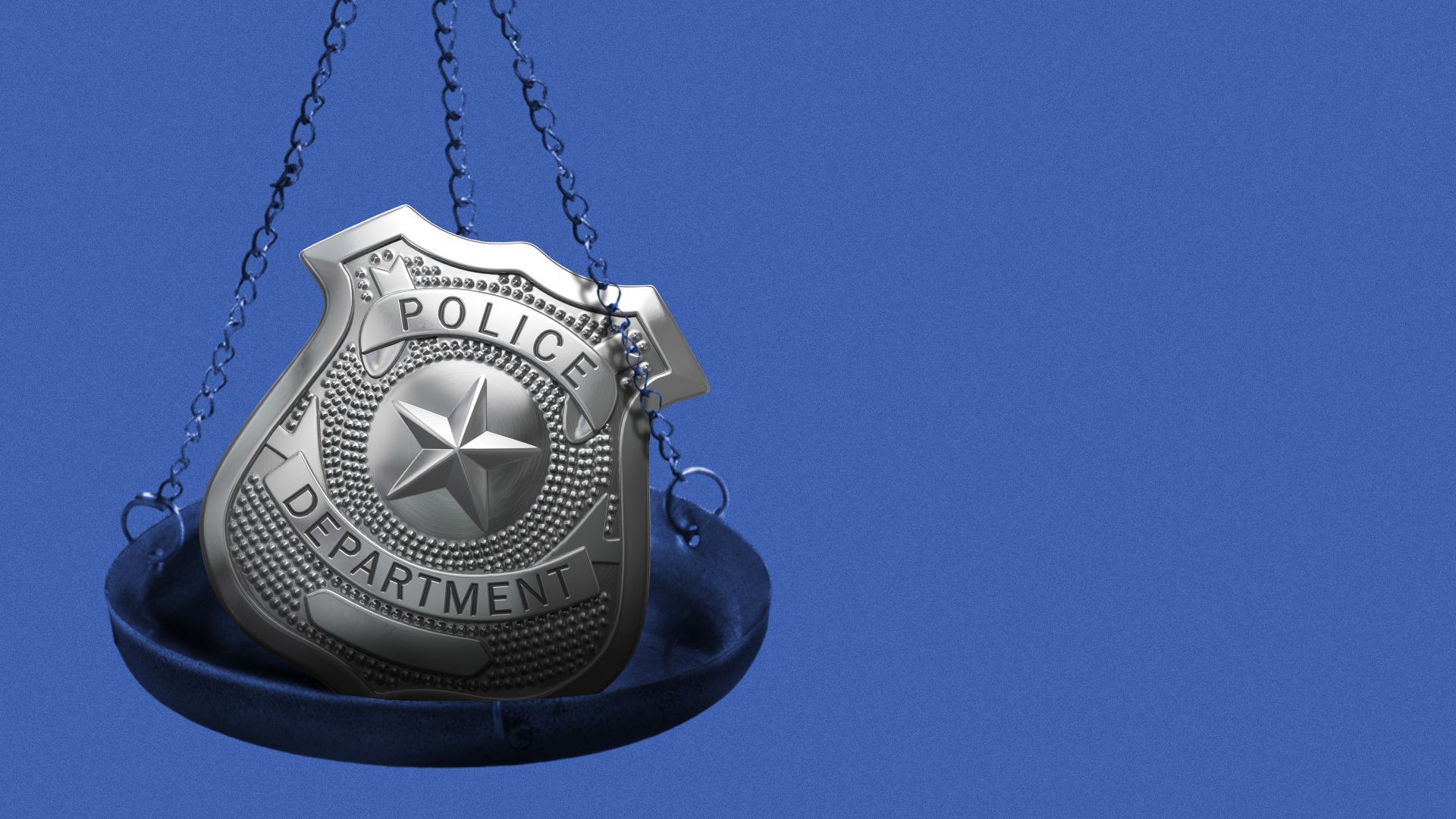 Illustration of a police badge in the tray of the scales of justice.