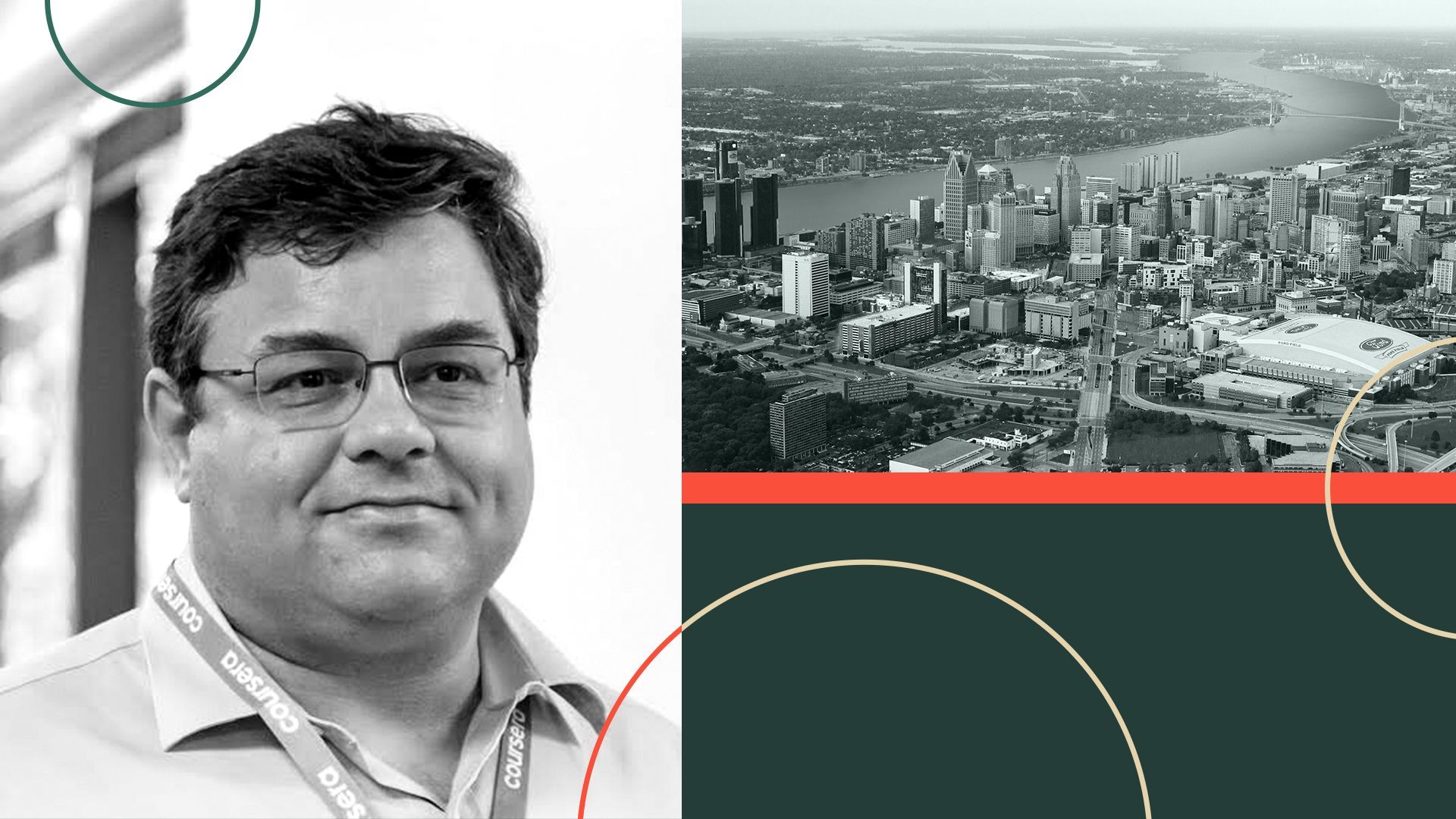 Photo illustration of Scott Shireman collaged with photos of Detroit and abstract shapes.