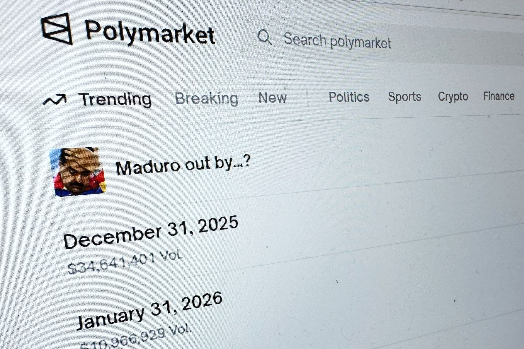 Screenshot of Polymarket bet of when Maduro will be out by