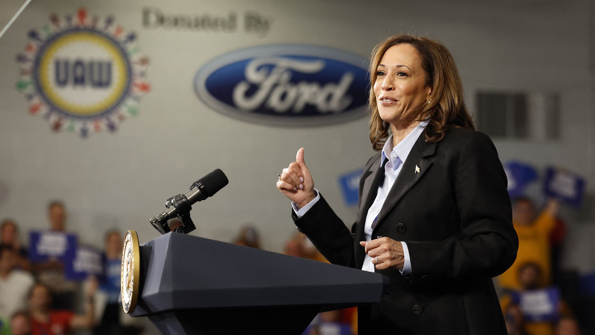Vice President and Democratic presidential candidate Kamala Harris speaks at a Labor Day event at Northwestern High School in Detroit, Michigan, Sept. 2, 2024.
