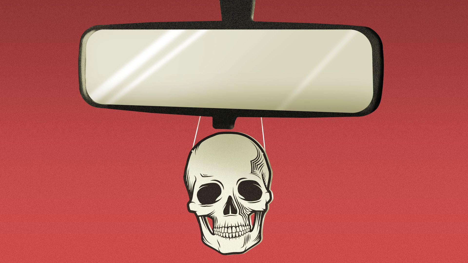 Illustration of skull decoration hanging from a carβs rear view mirror.