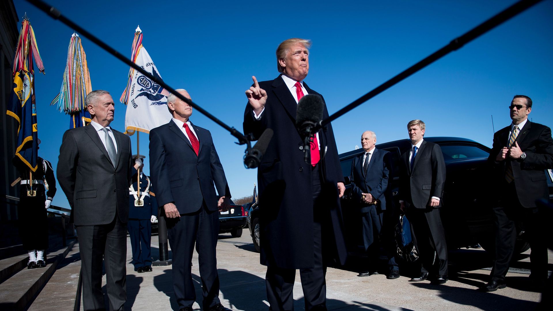 Mike Pence's former Chief of Staff Nick Ayers (2R) listen as Trump speaks to the press in 2018. Photo:  Brendan Smialowski/AFP via Getty Images