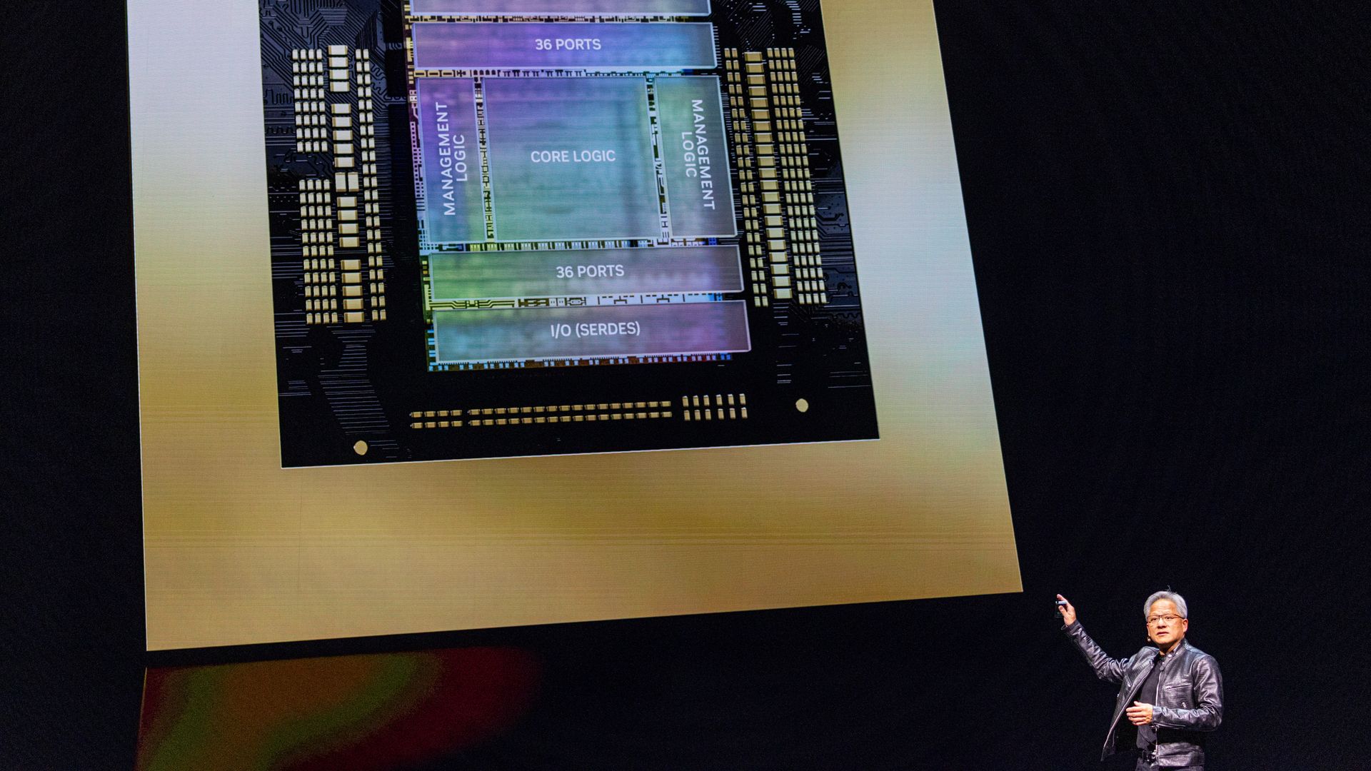 photo of a big chip on a screen, and a man pointing at it