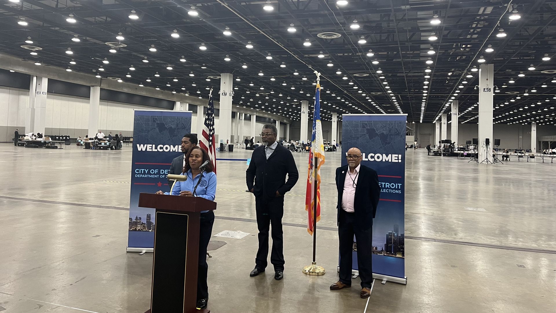 City Clerk Janice Winfrey and other election officials discuss the Nov. 5 election at Huntington Place, home of the city's central counting board. 