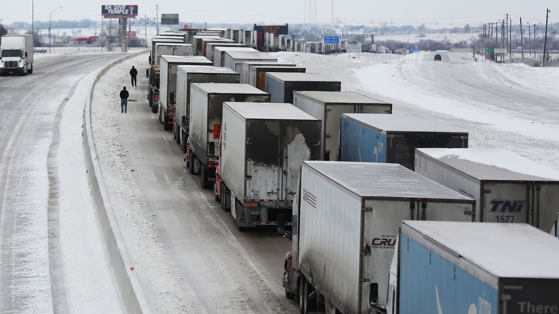 Vehicles are at a standstill southbound on Interstate Highway 35 on February 18, 2021 in Killeen, Texas.