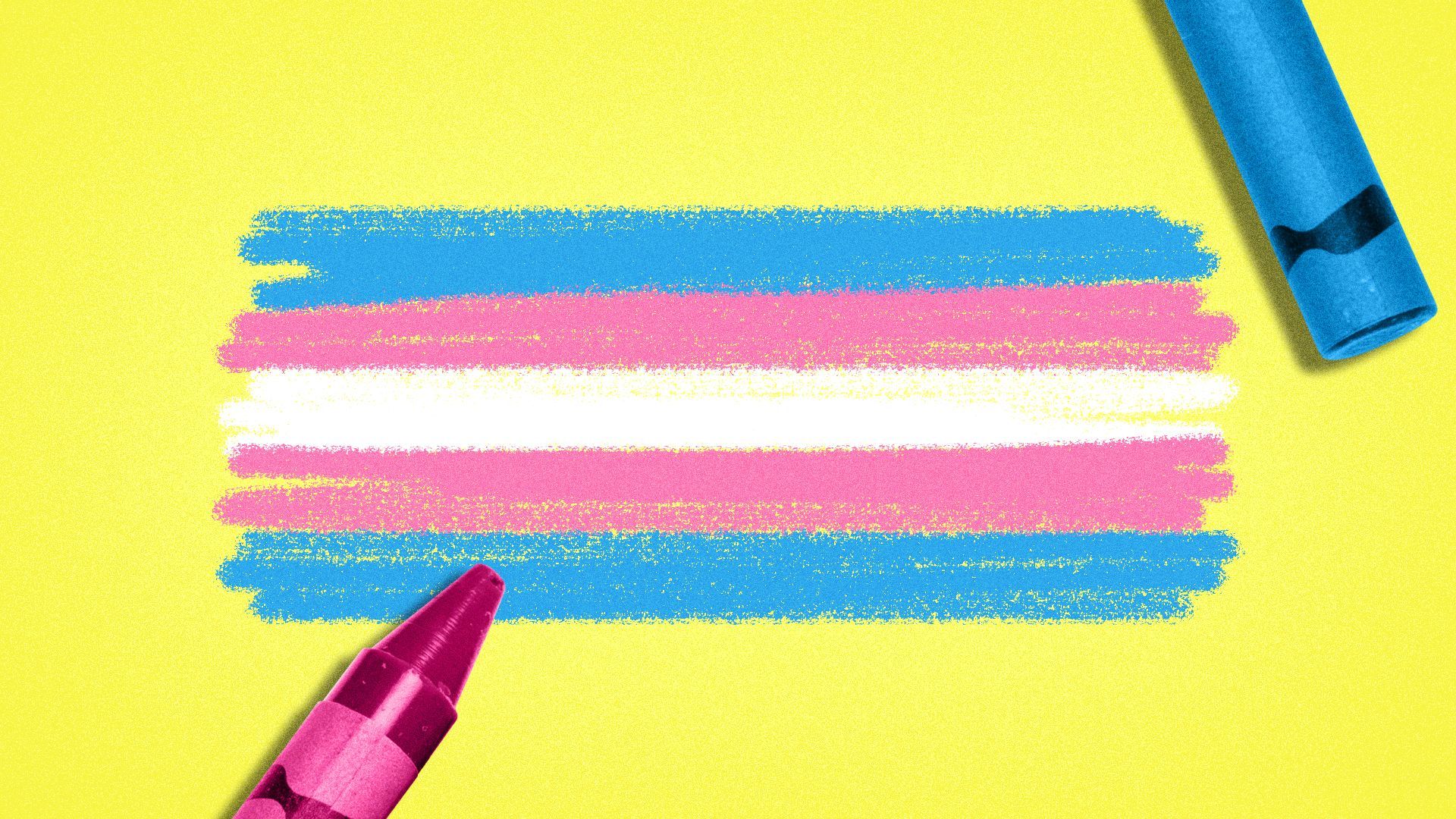 Illustration of a transgender pride flag drawn in crayons. 
