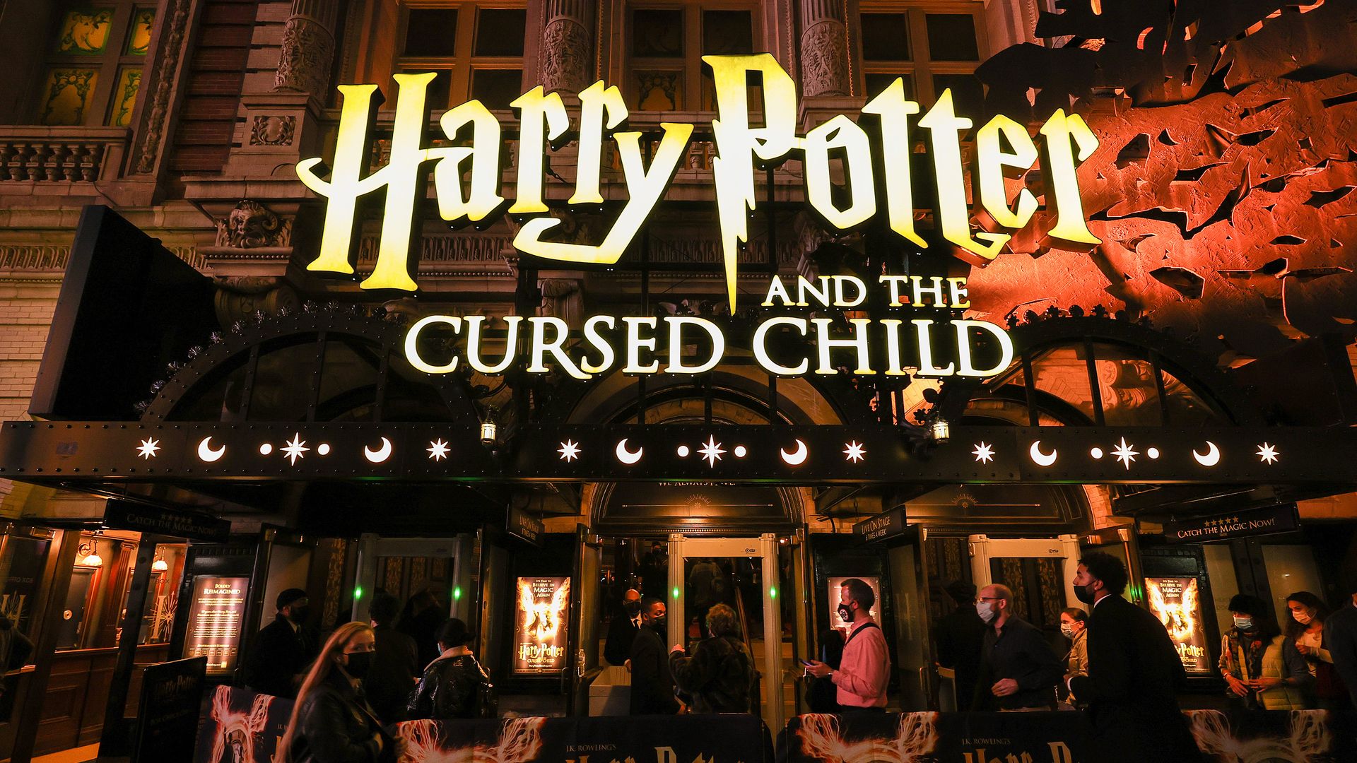 "Harry Potter and the Cursed Child" marquee over theater on Broadway at night