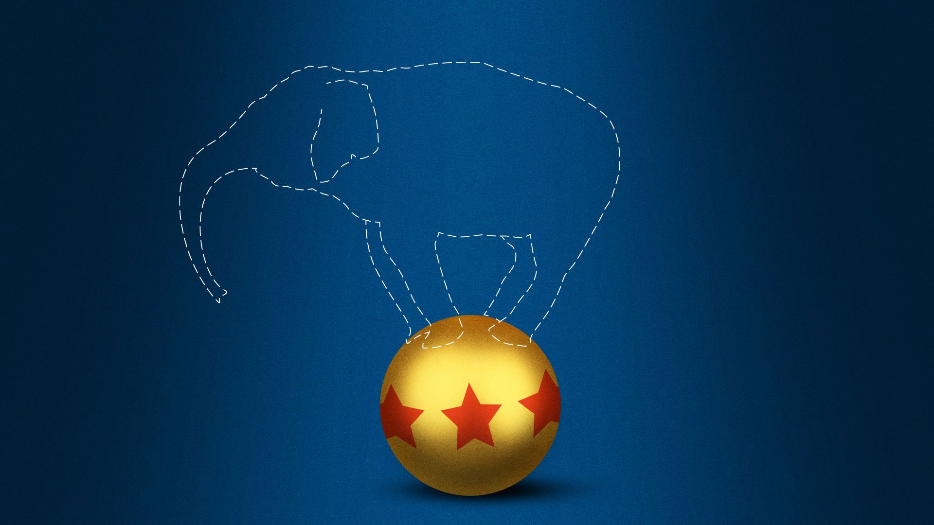 Dashed outline of an elephant balanced on a circus ball.