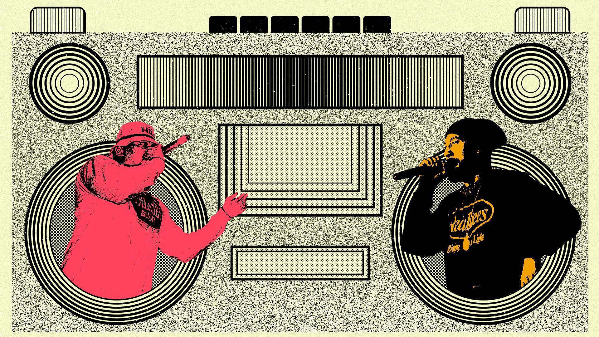Photo illustration of Sen Dog and B-Real of Cypress Hill over a boombox design resembling an early hip-hop concert flyer.