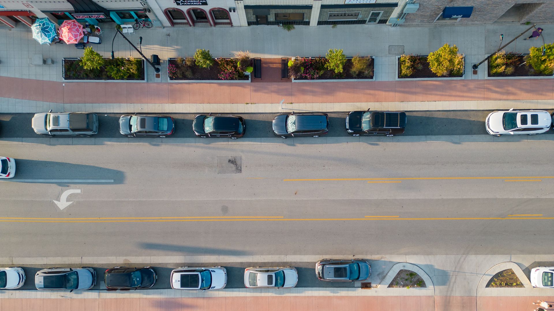 An aerial drone view of Ingersoll Avenue near Lucky Lotus