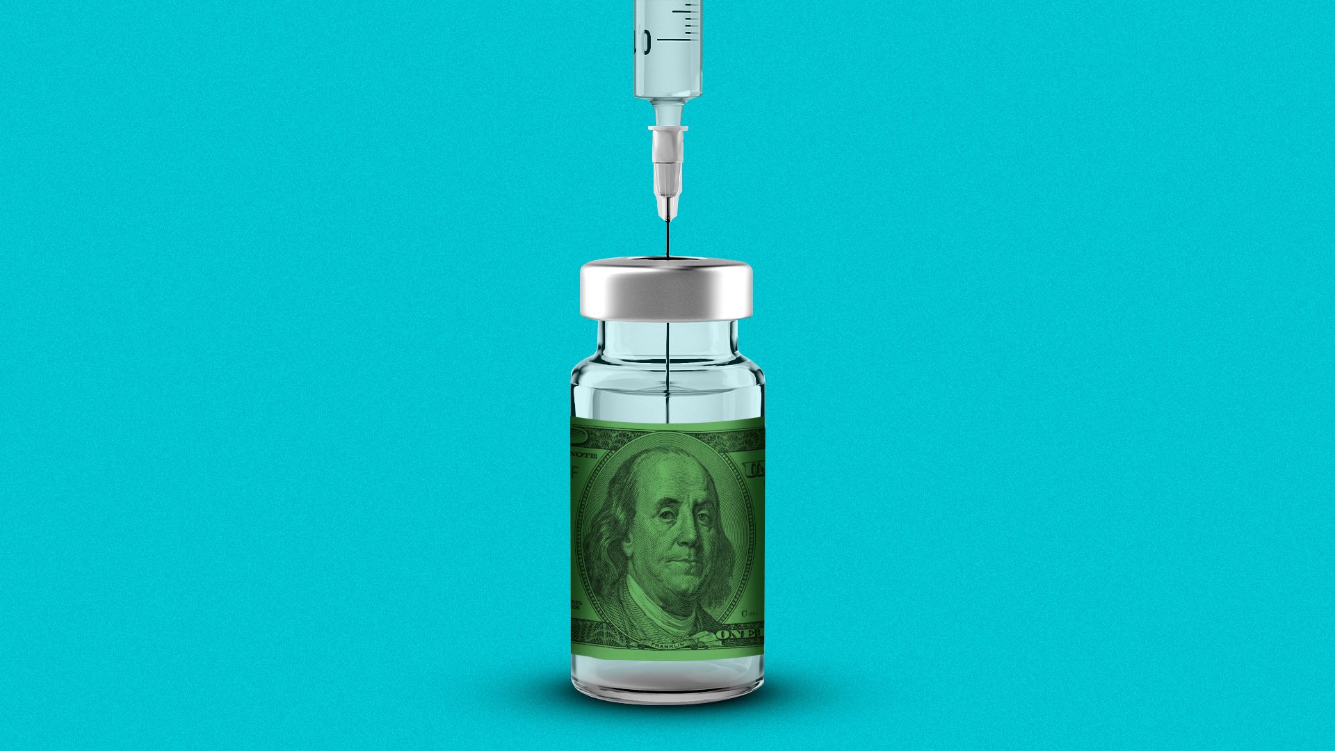 Illustration of a syringe pulling from a vial with a hundred dollar bill as a label.  
