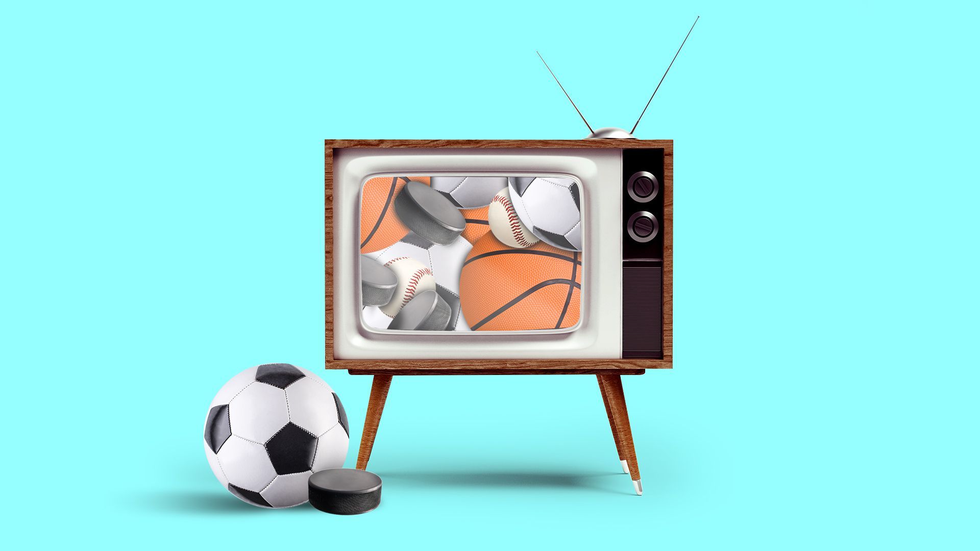 Illustration of a television with baseballs, hockey pucks, soccer balls and basketballs