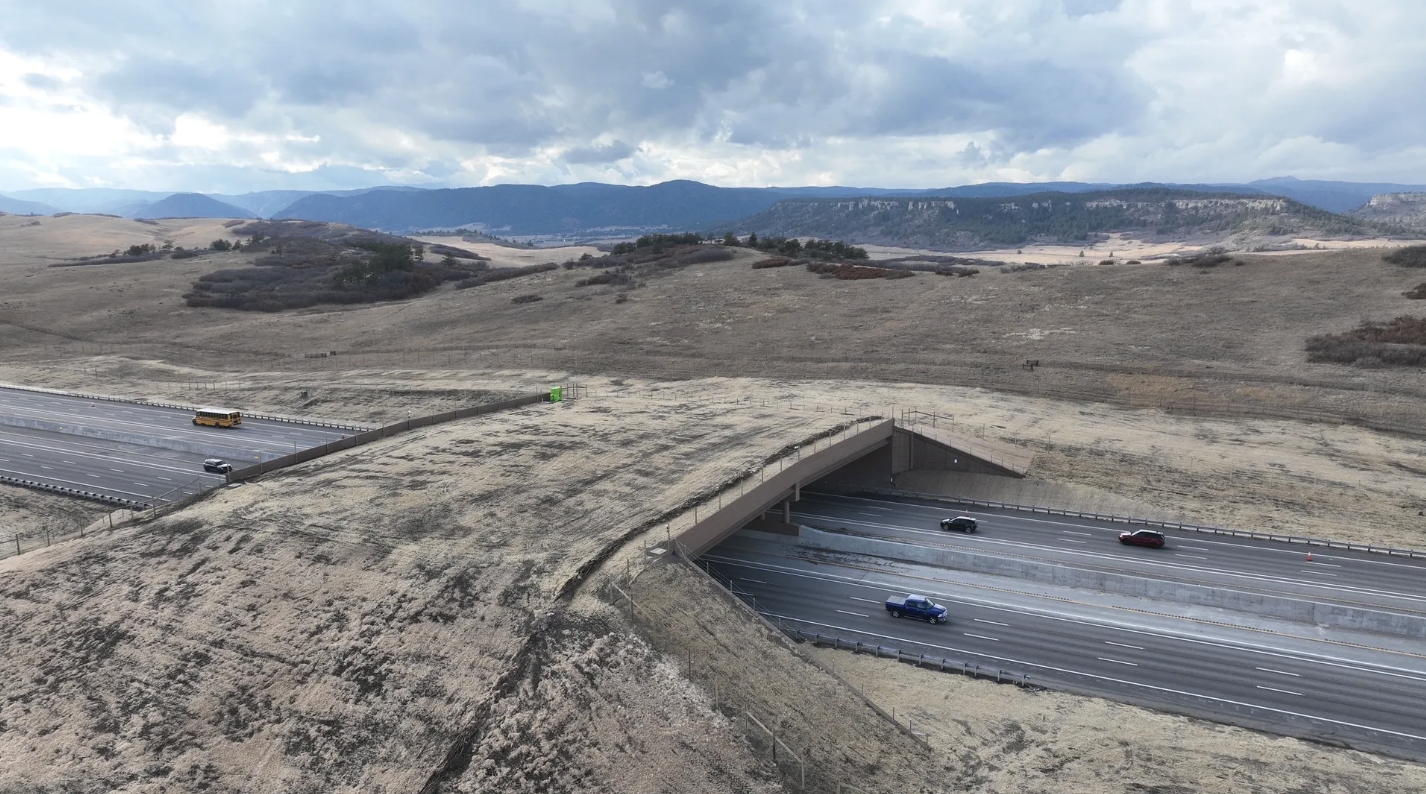 A wildlife overpass covered with natural vegetation spans over a multi-lane highway in a dry, hilly landscape with scattered brush and cloudy sky in the background.