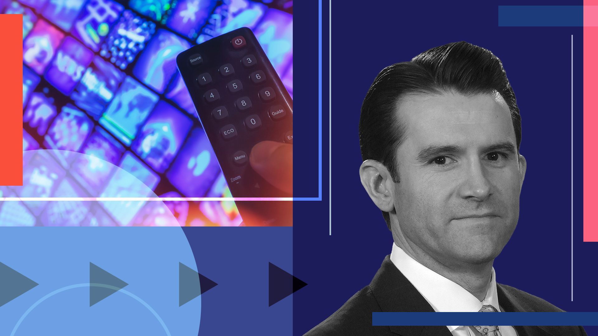 Photo illustration of Chris Ripley, CEO of Sinclair Broadcast Group, with an image of a remote control choosing something to stream.