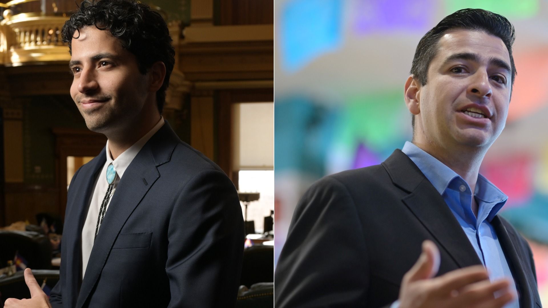 Split image: left panel shows a man in a dark suit with a turquoise bolo tie in a warm, wood-paneled room; right panel shows another man in a blazer and light blue shirt speaking against a bright, colorful background.