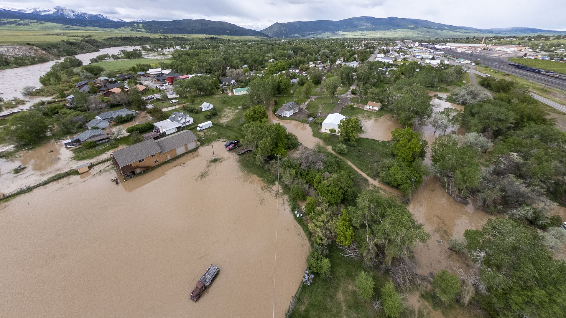 In this aerial view, flooding is seen on June 14, 2022 in Livingston, Montana.