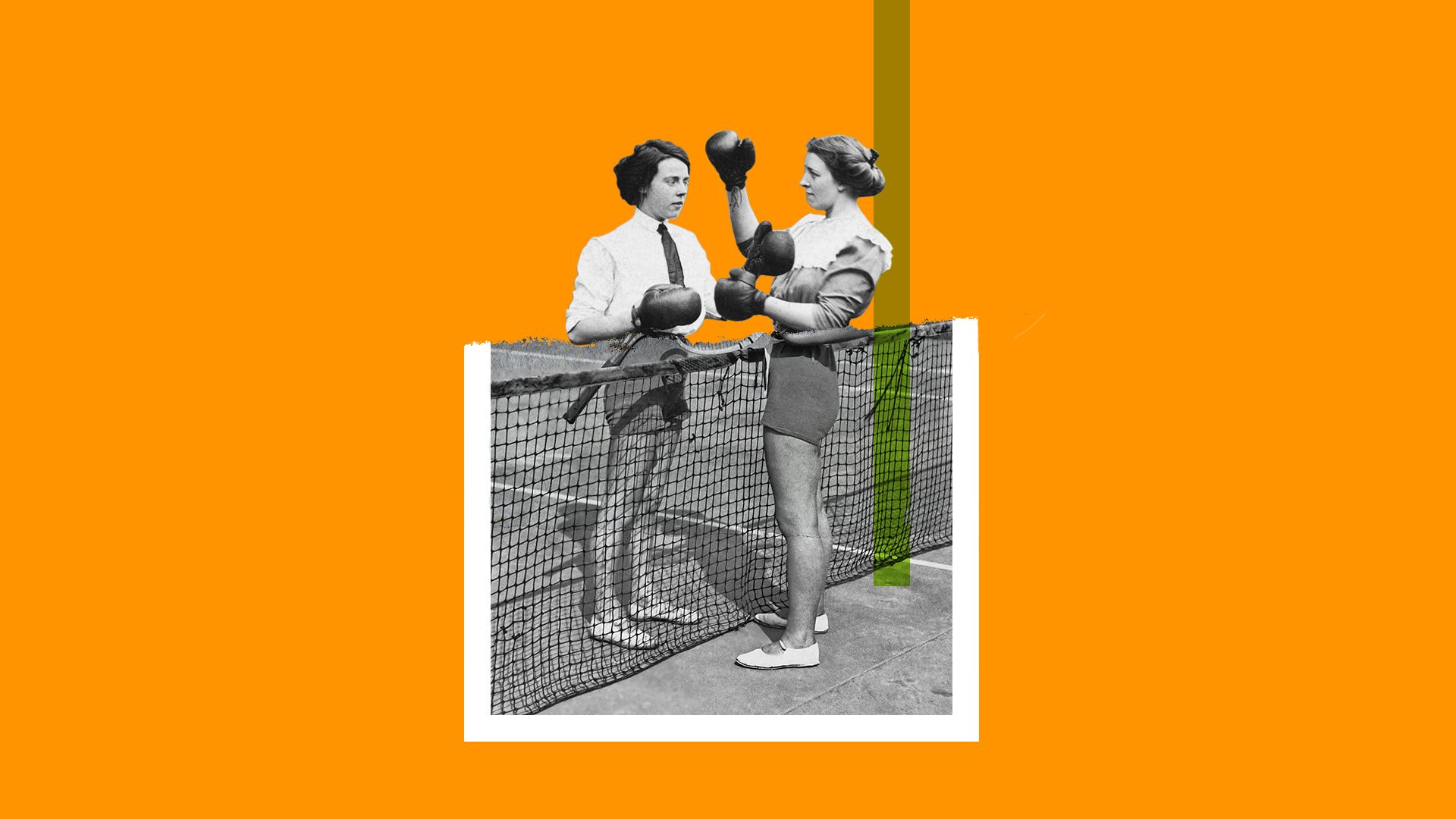 Collage illustration of two historical photos of women playing tennis and learning boxing