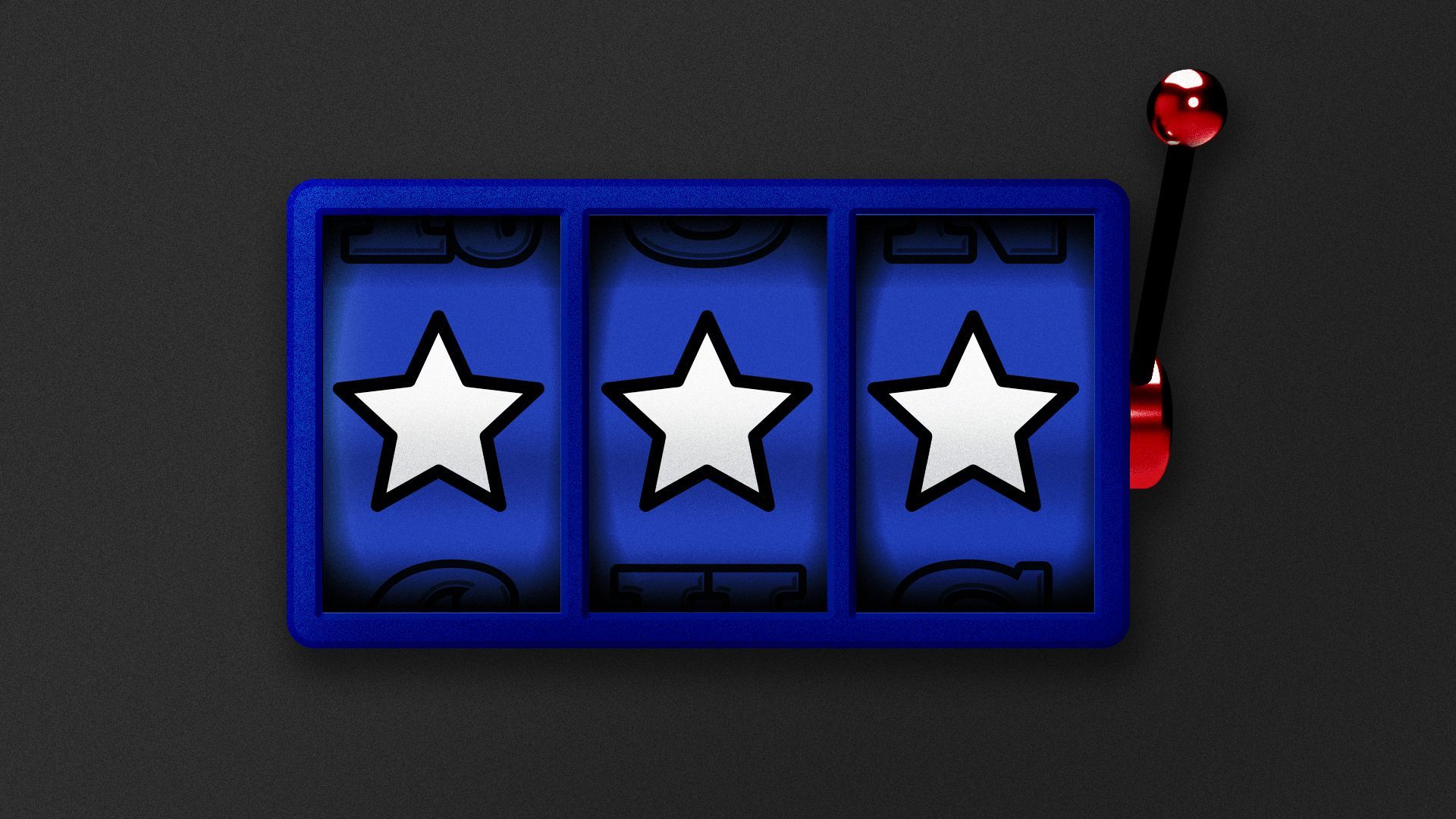 an illustration of a blue slot machine window with lined-up white stars and a red pull handle 