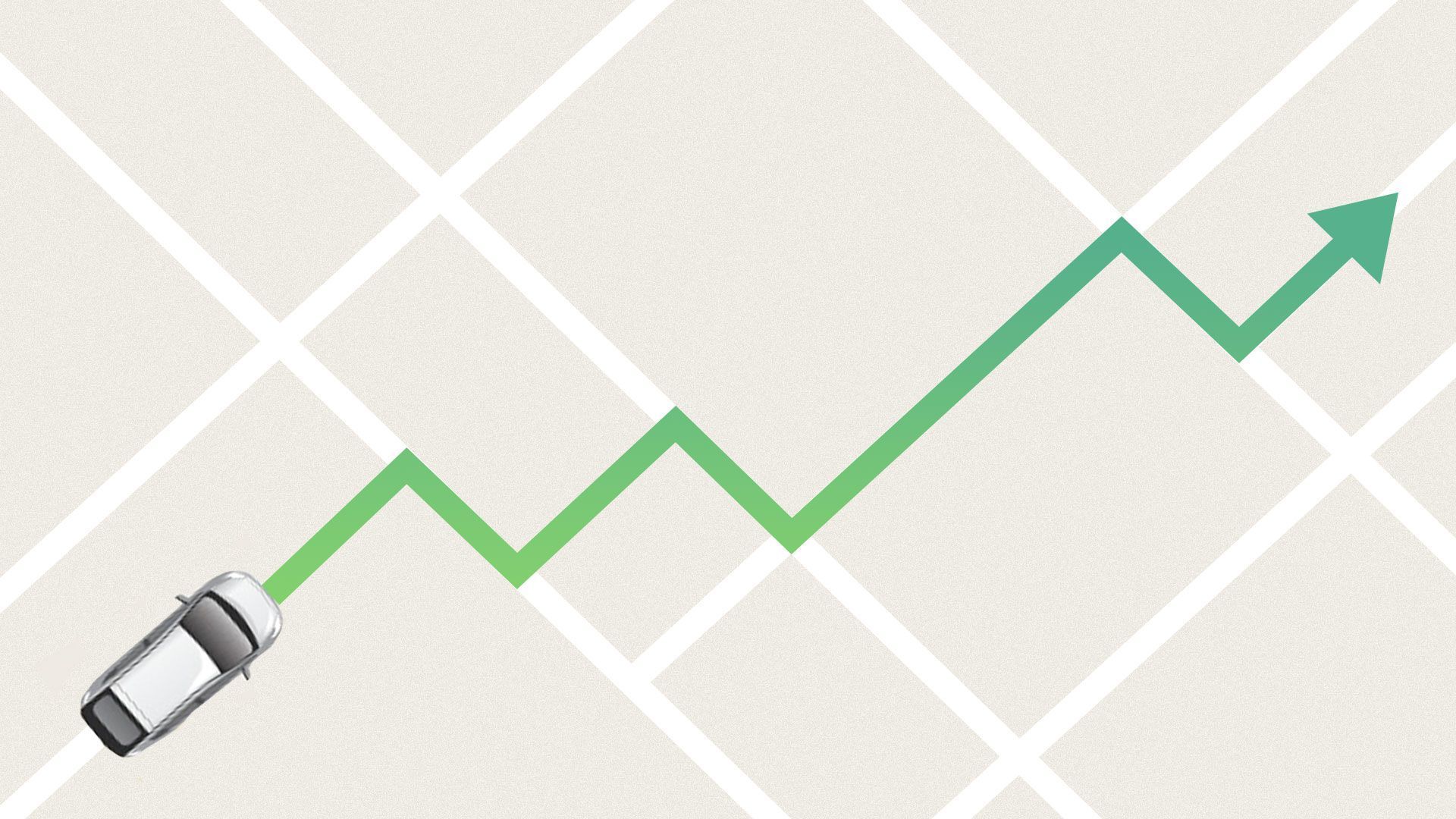 Illustration of an Uber car navigating streets on a map grid