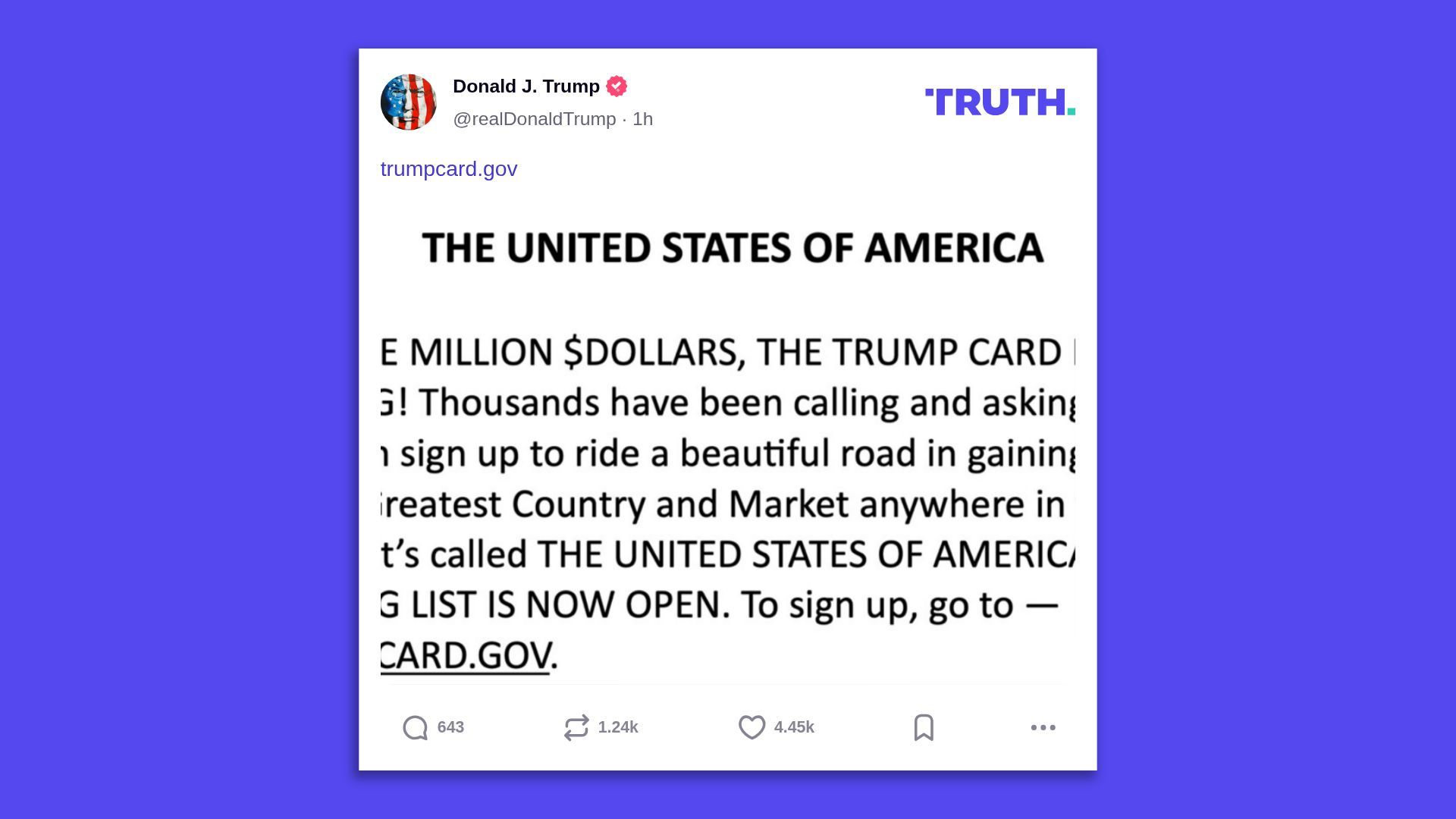 A screenshot of a Trump Truth Social post urging people to sign up to trumpcard.gov for a $5 Trump card enabling people to buy U.S. permanent residency for $5 million.
