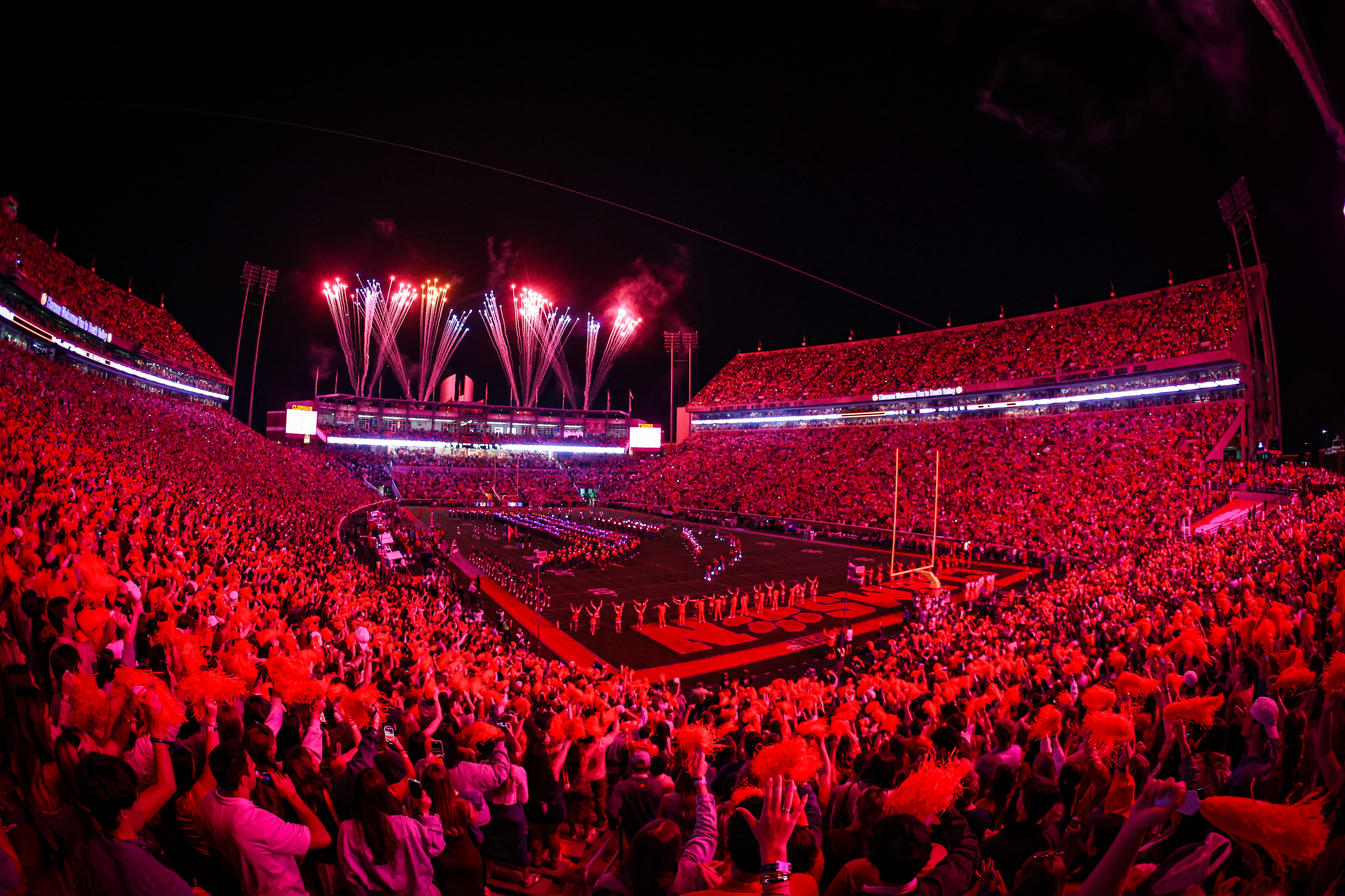 Fireworks shoot during the National Anthem before a football game between the Clemson Tigers and the Florida State Seminoles at Memorial Stadium on November 08, 2025 in Clemson, South Carolina. (Photo by David Jensen/Getty Images)