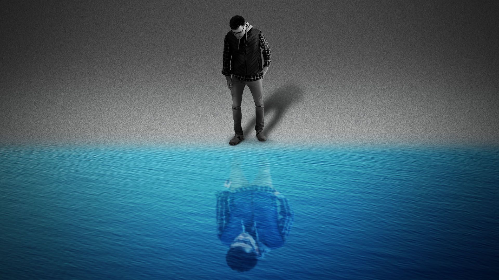 Illustration of a man in black and white looking at his reflection in water