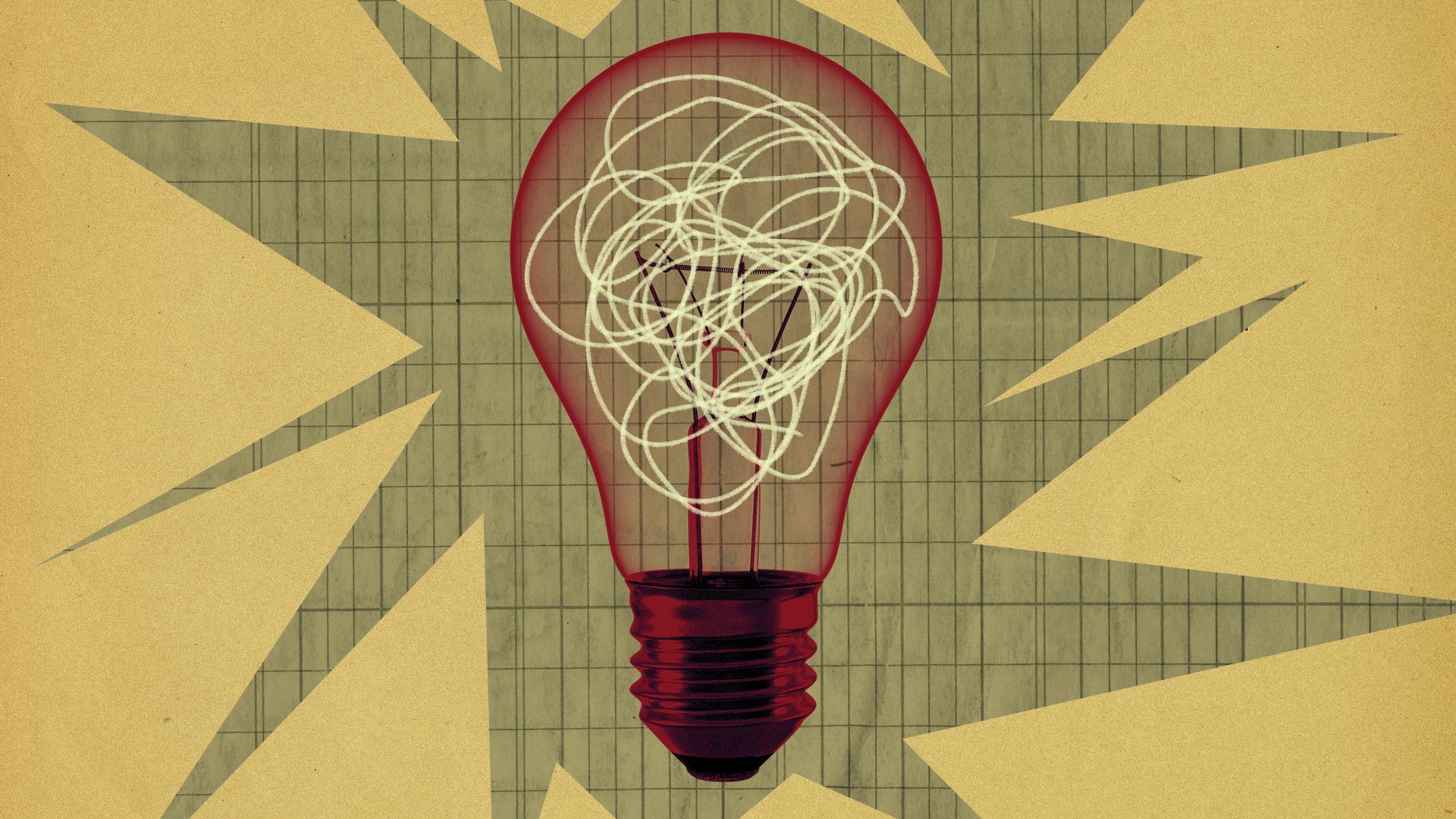 Illustration of a red light bulb with a tangled filament inside, set against a grid background with sharp yellow shapes radiating outward.