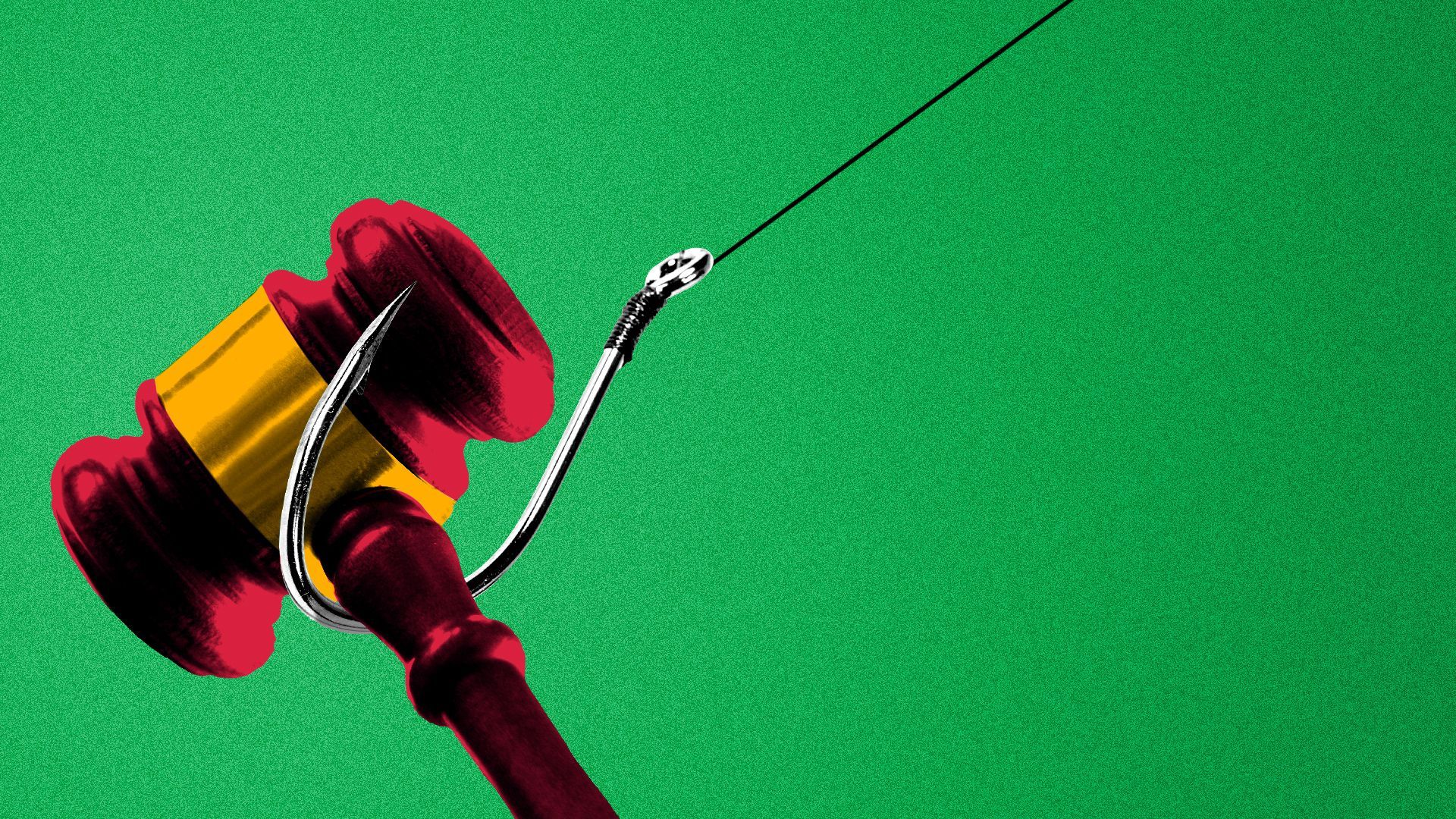 Illustration of a gavel caught on a fishing hook.
