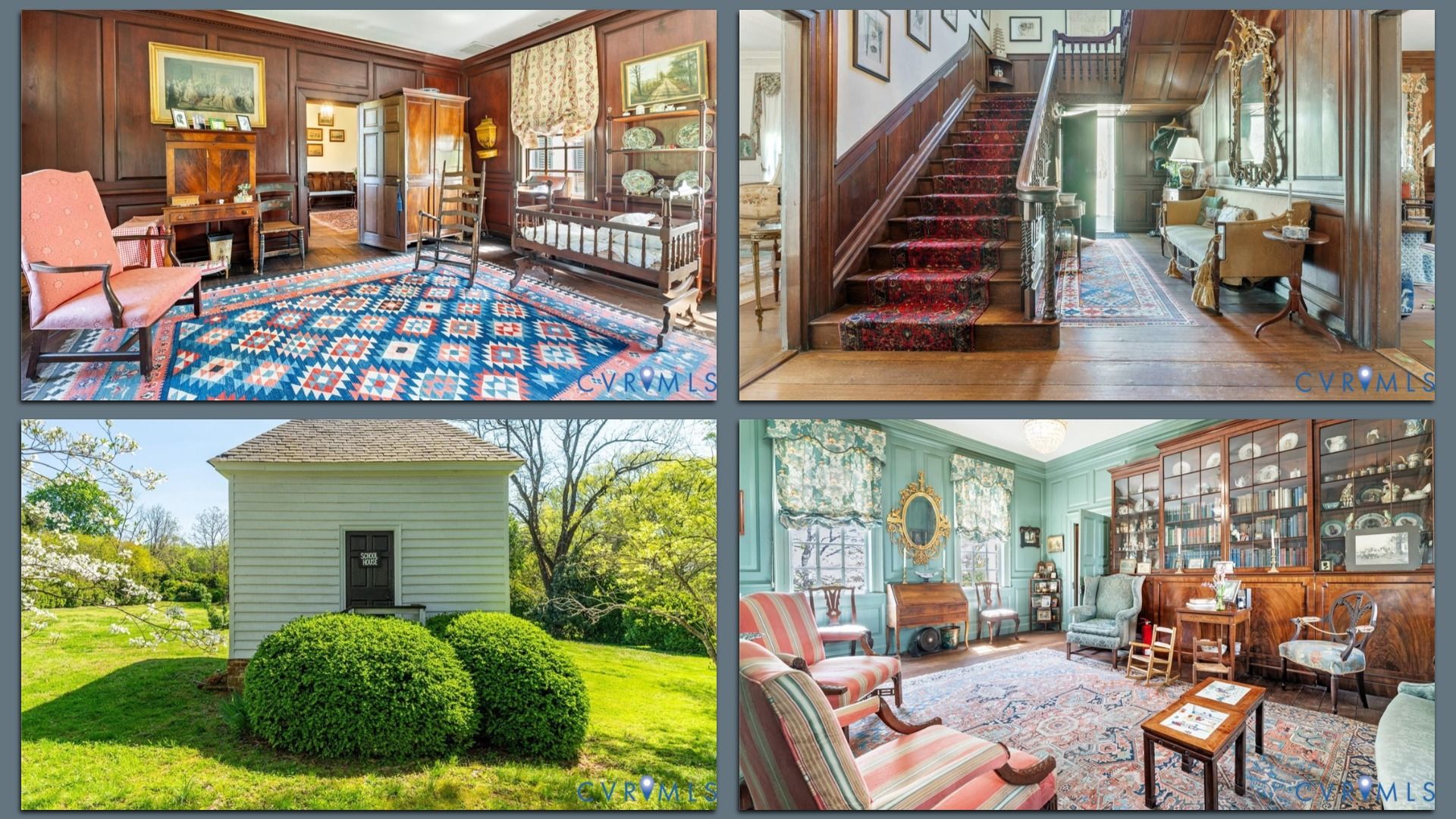 Collage of four scenes: top-left wood-paneled room with blue geometric rug and vintage furniture; top-right red-carpet staircase; bottom-left white schoolhouse; bottom-right teal parlor with china cabinet.