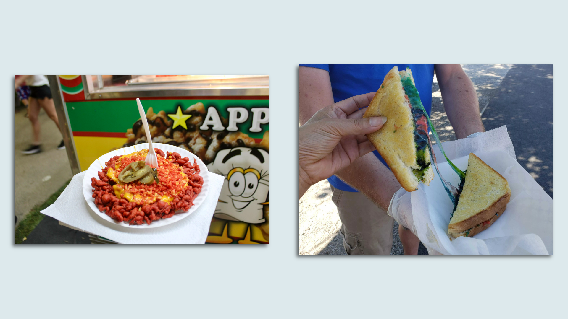 A red funnel cake and a grilled cheese with colored cheese.