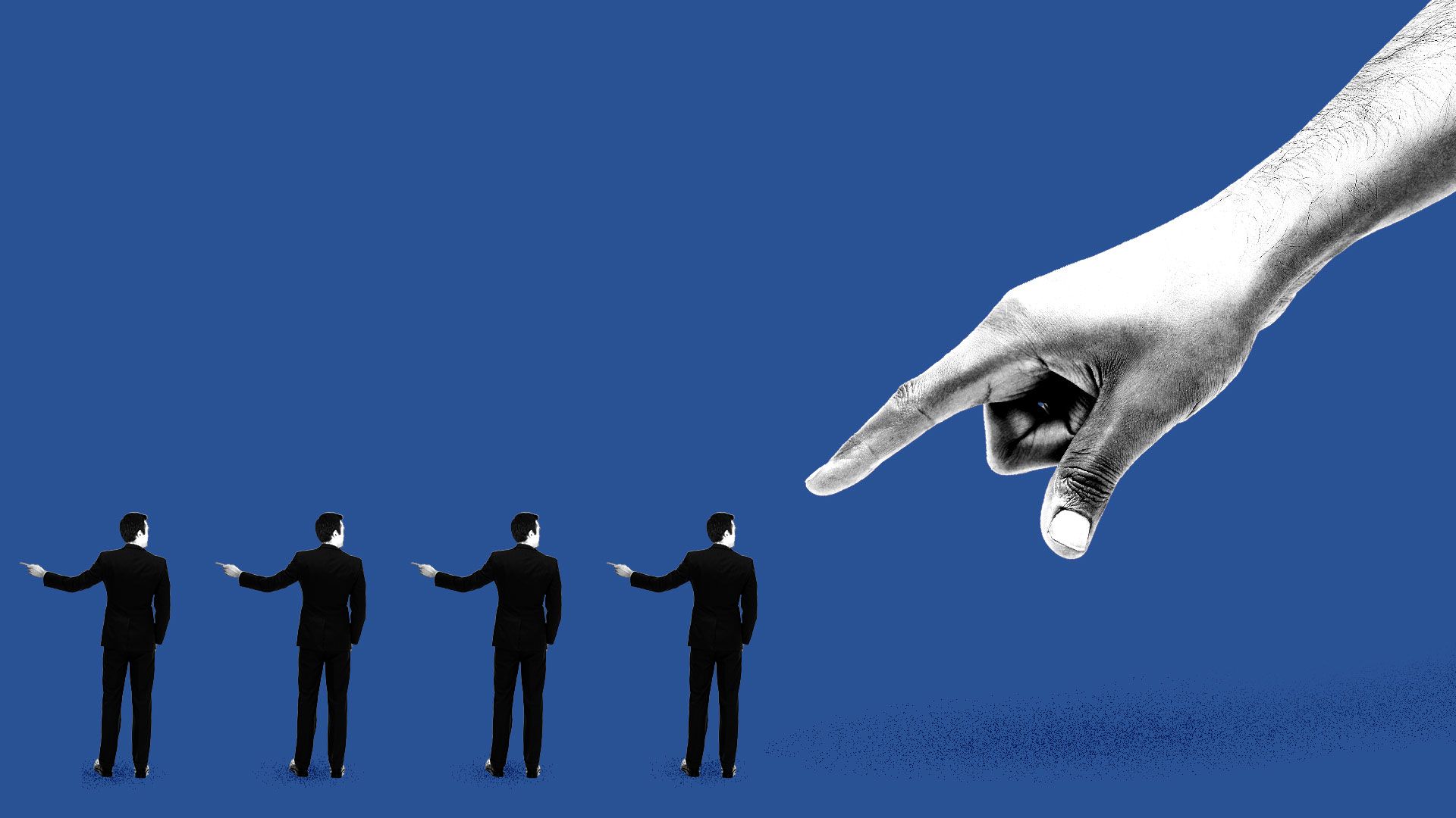 llustration of a large hand pointing an index finger and a smaller figure, who is pointing to the person next to him, who is pointing to the person next to him, etc. 