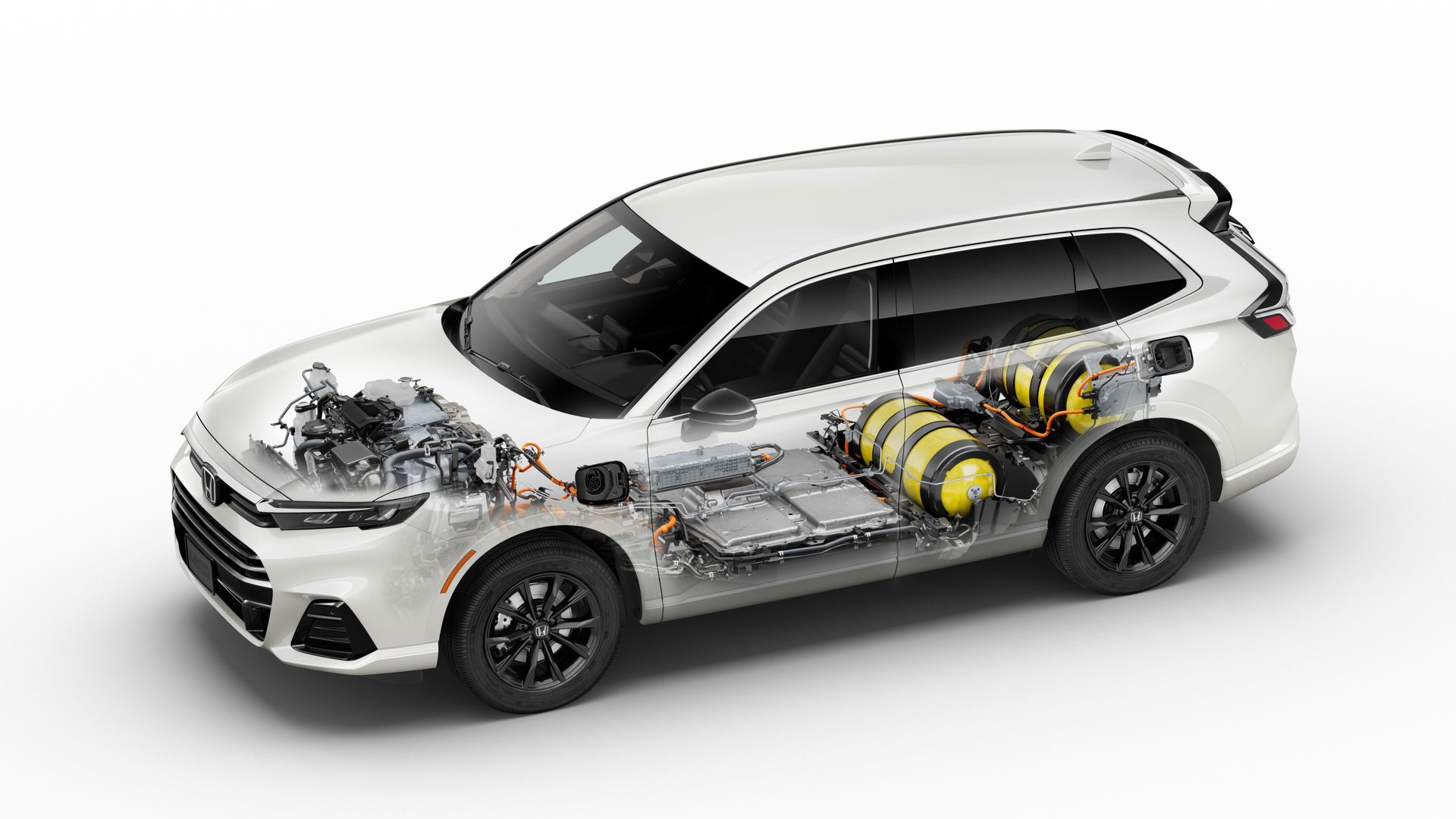 Schematic of the fuel cell system inside a hydrogen powered Honda CR-V utility vehicle.