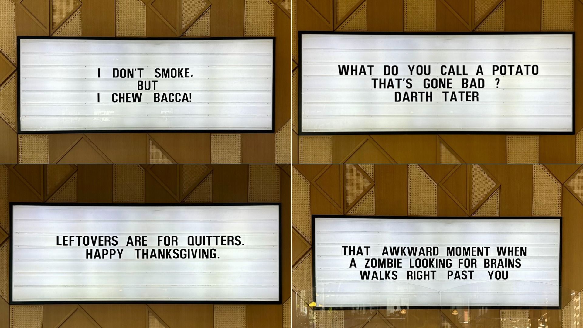 Four lightbox signs with humorous messages about Star Wars, Thanksgiving leftovers, and zombies on a patterned wooden wall background.