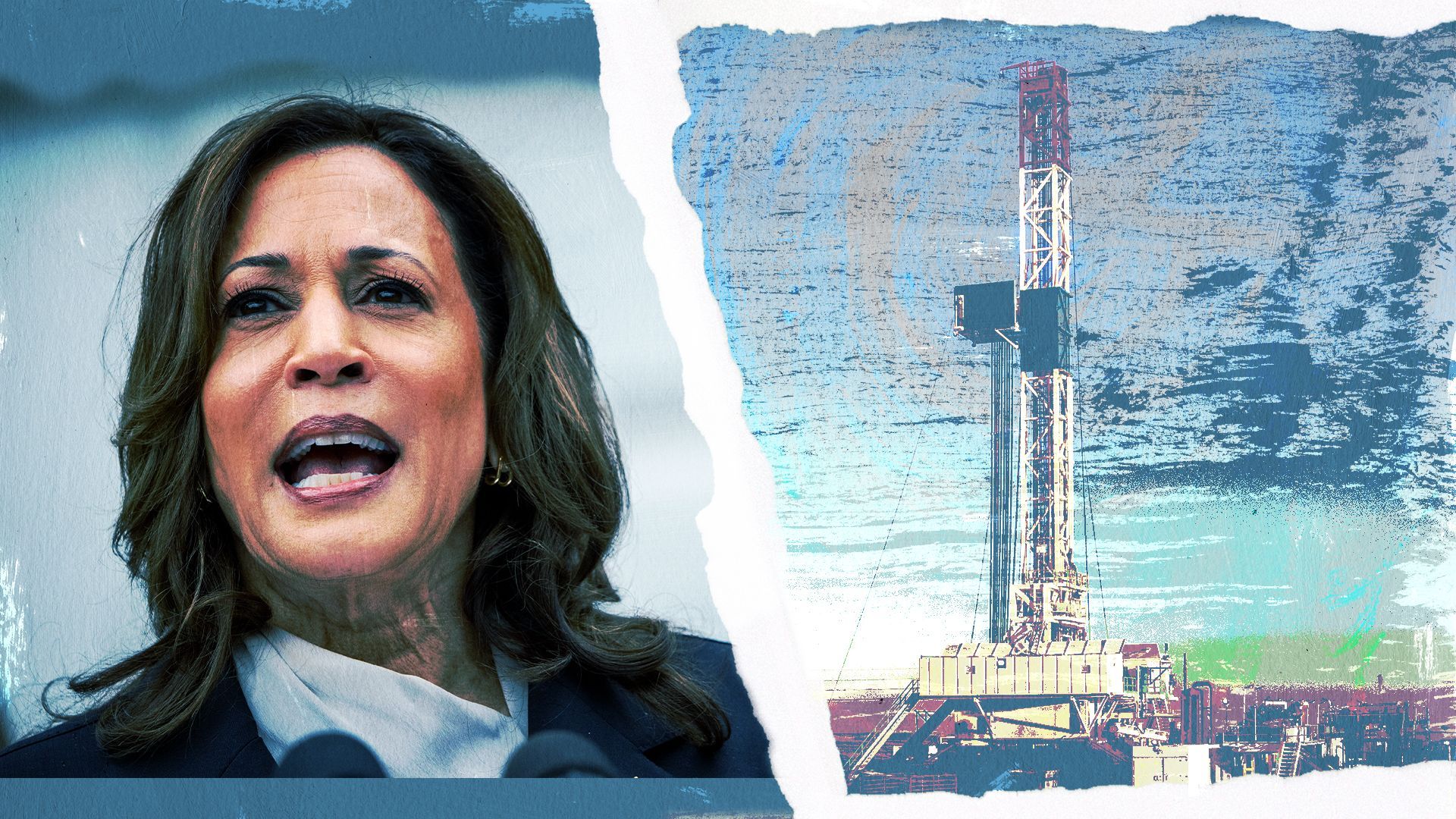 Photo illustration of Kamala Harris next to a torn photo of an industrial fracking oil drill rig 