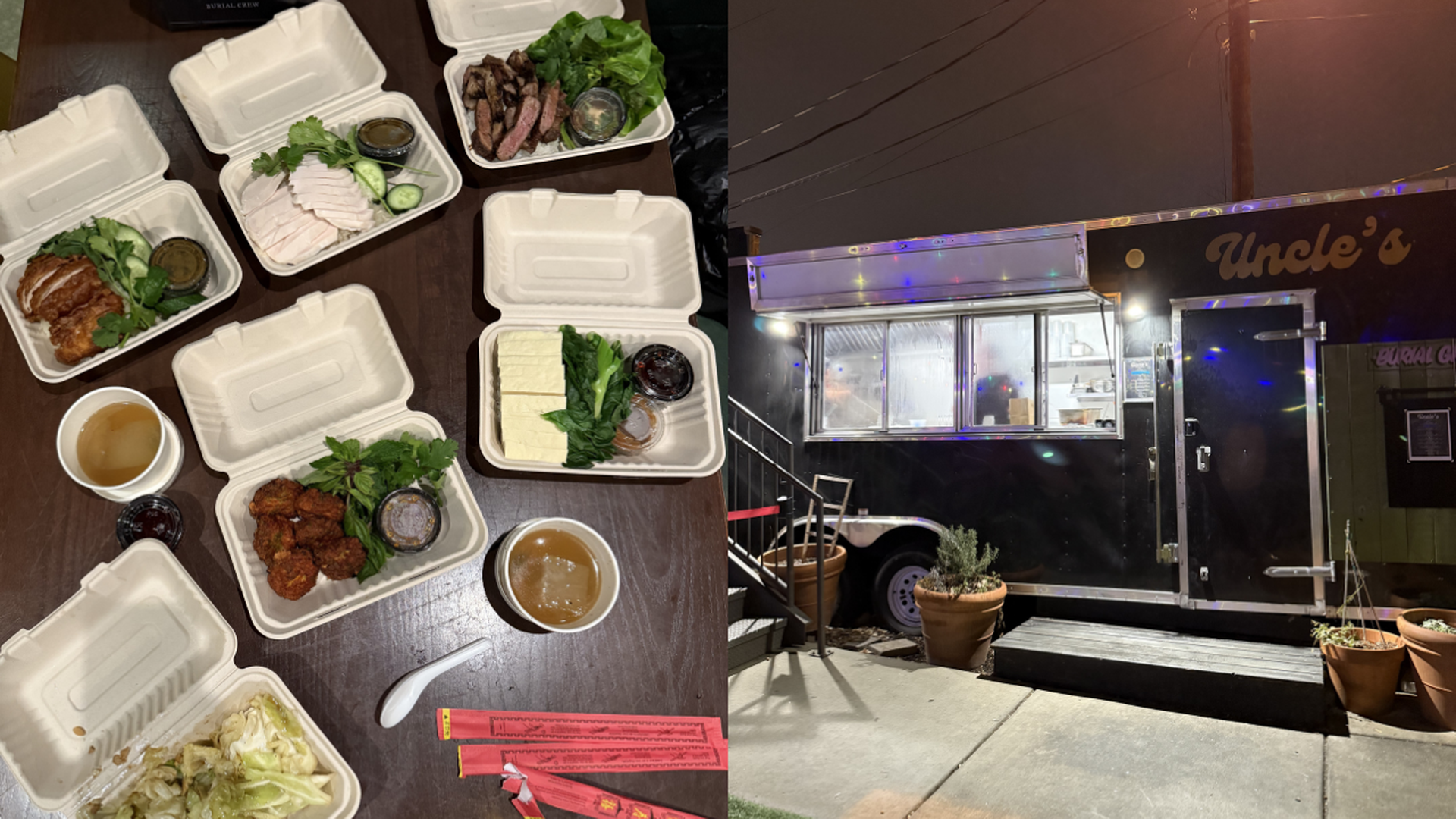 Left image shows takeout containers with assorted meats, greens, sauces, and two cups of broth on a table. Right image shows Uncle's black food truck at night with potted plants outside.