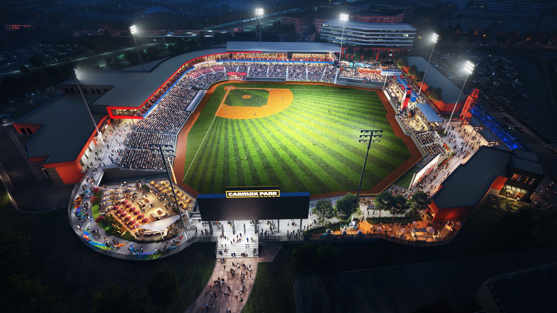 an aerial rendering of a baseball stadium 