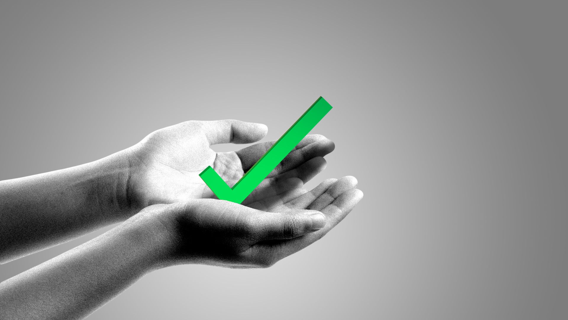 Illustration of outstretched hands cradling a three-dimensional check-mark