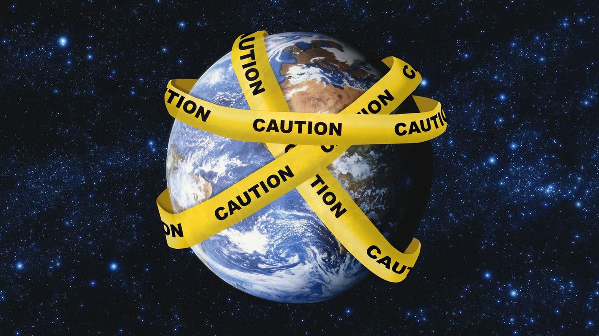 Illustration of the Earth with "caution" tape around it.